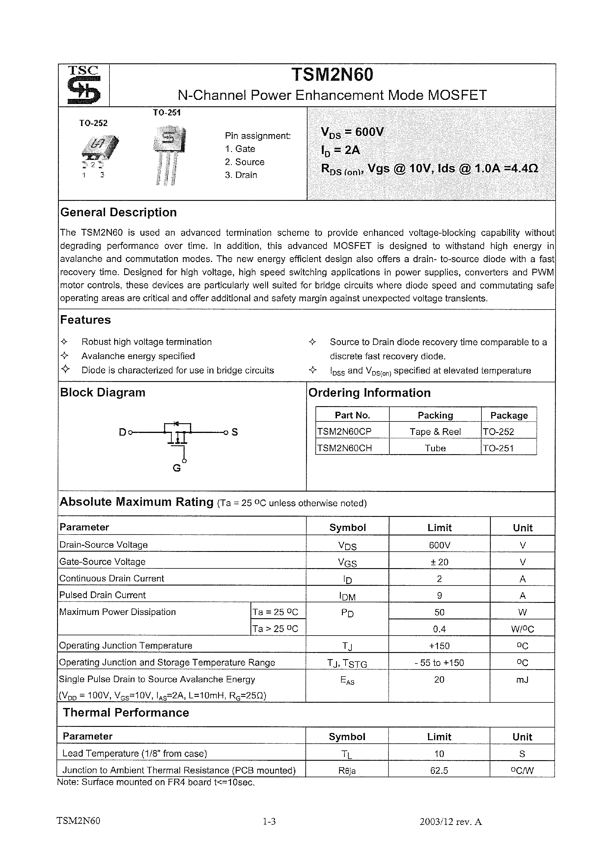 Даташит TSM2N60 - N-CHANNEL POWER ENHANCEMENT MODE MOSFET страница 1