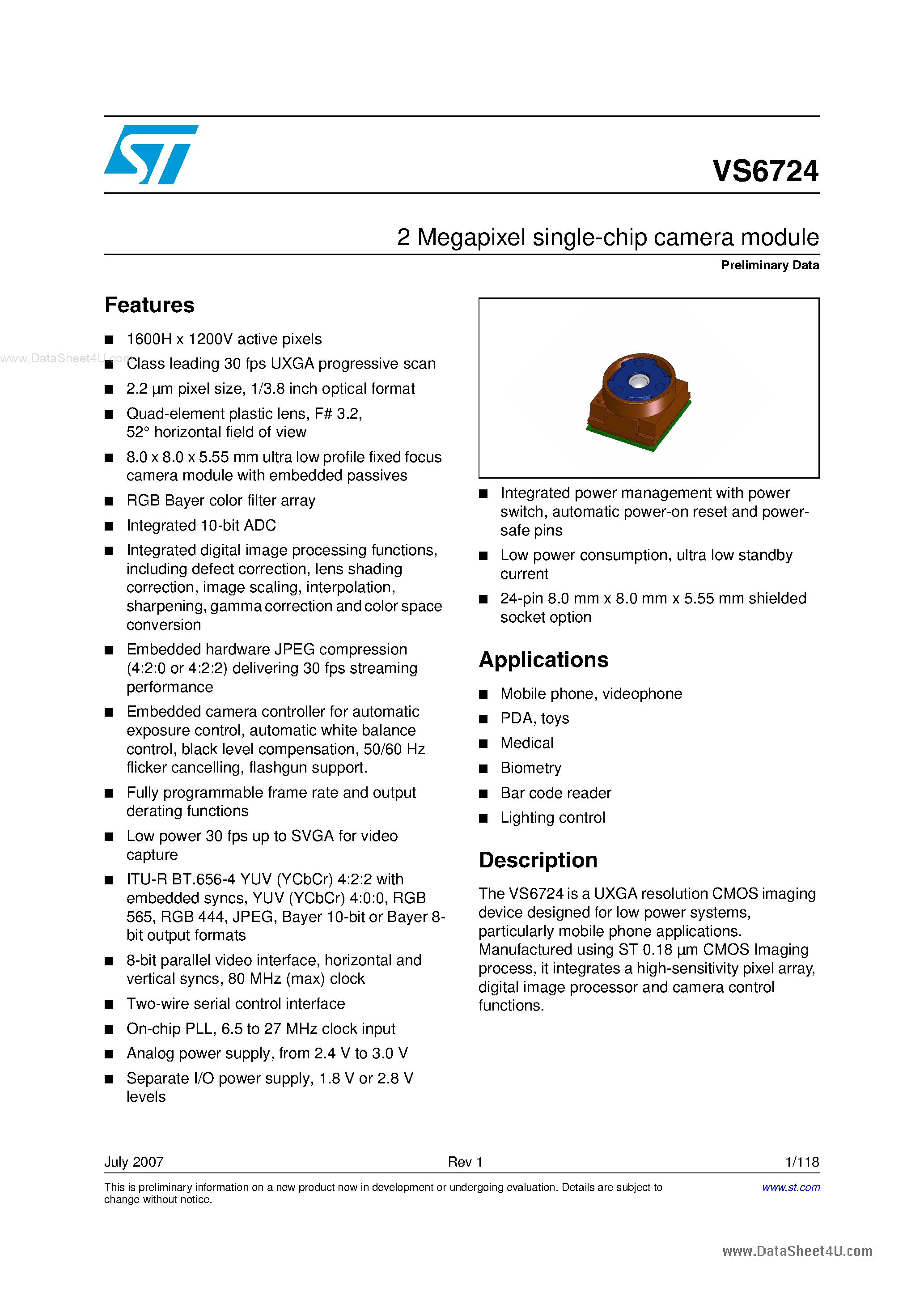 Даташит VS6724 - 2 Megapixel single-chip camera module страница 1