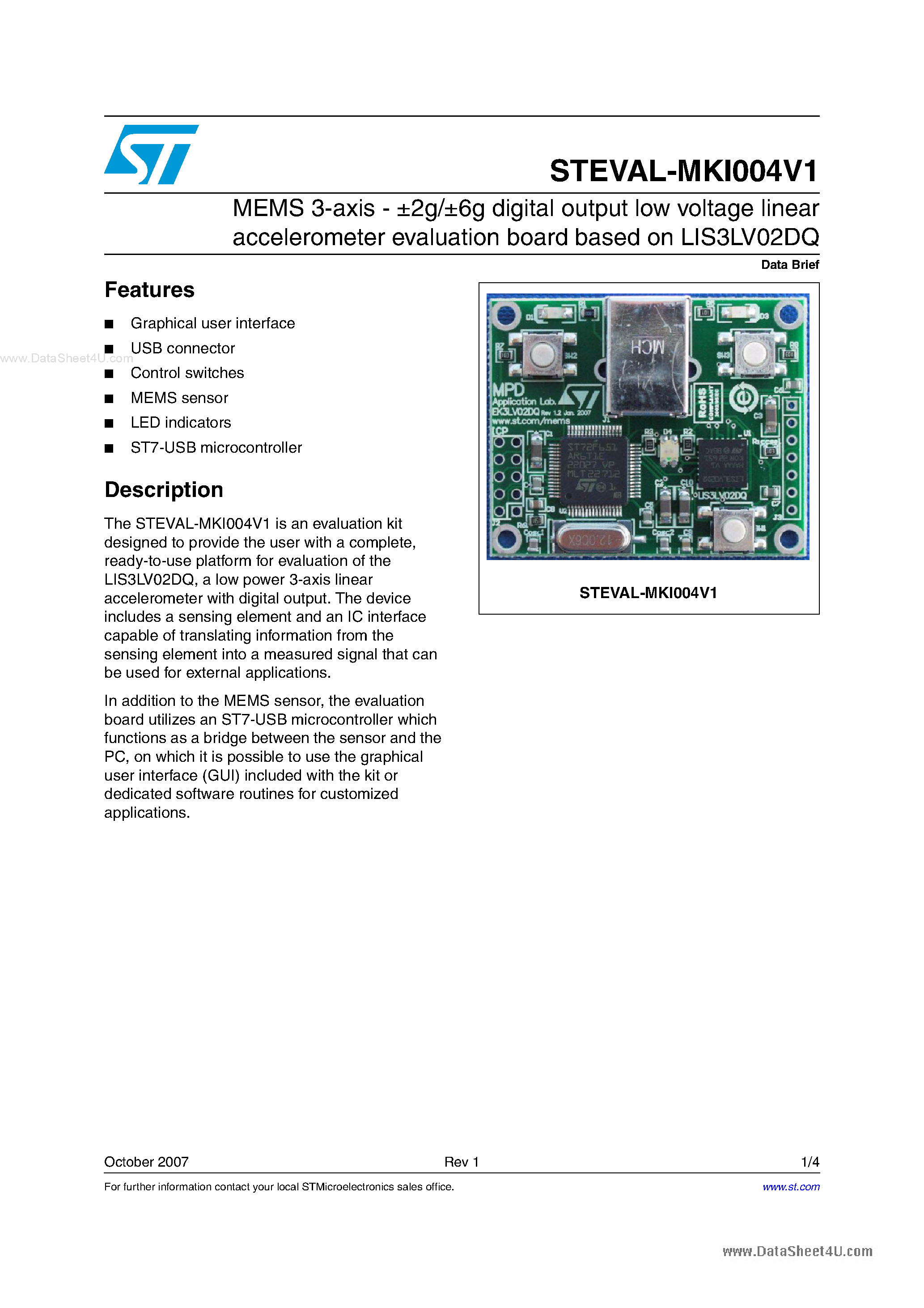 Даташит STEVAL-MKI004V1 - digital output low voltage linear accelerometer evaluation board based страница 1