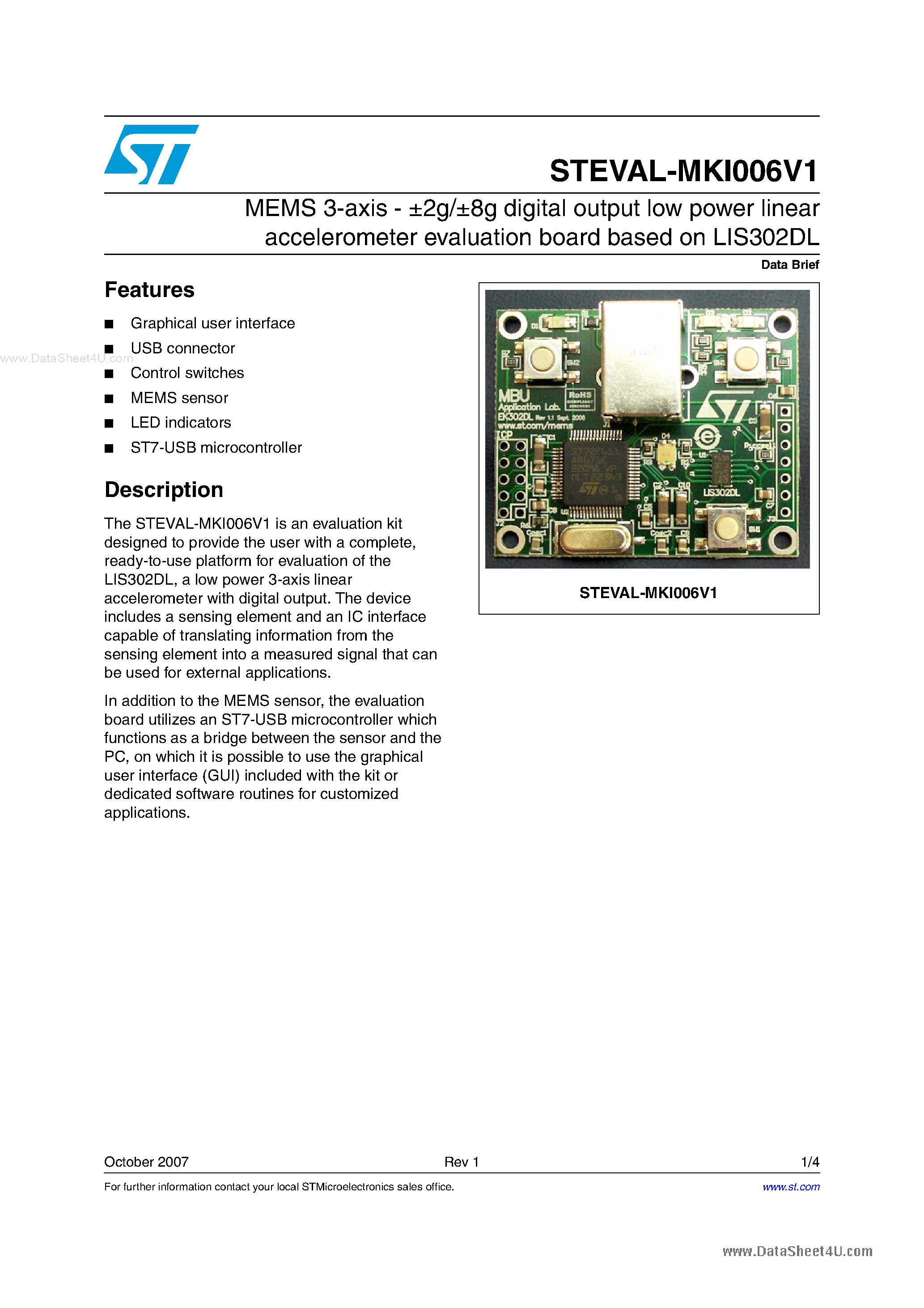 Даташит STEVAL-MKI006V1 - digital output low voltage linear accelerometer evaluation board based страница 1