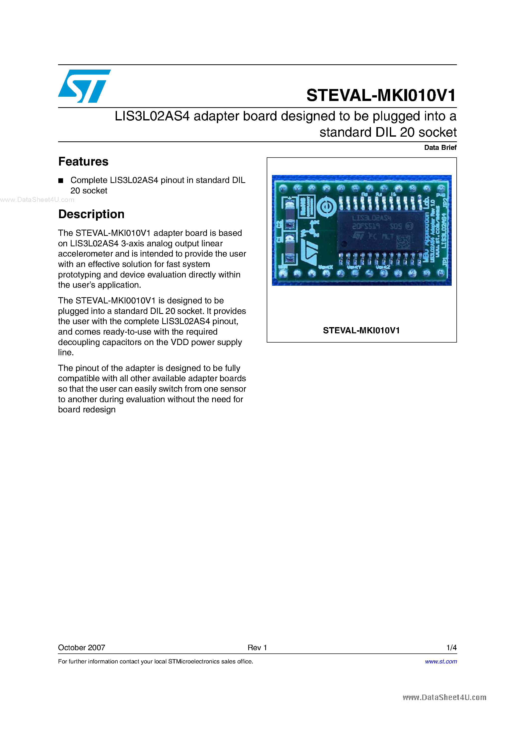 Даташит STEVAL-MKI010V1 - digital output low voltage linear accelerometer evaluation board based страница 1