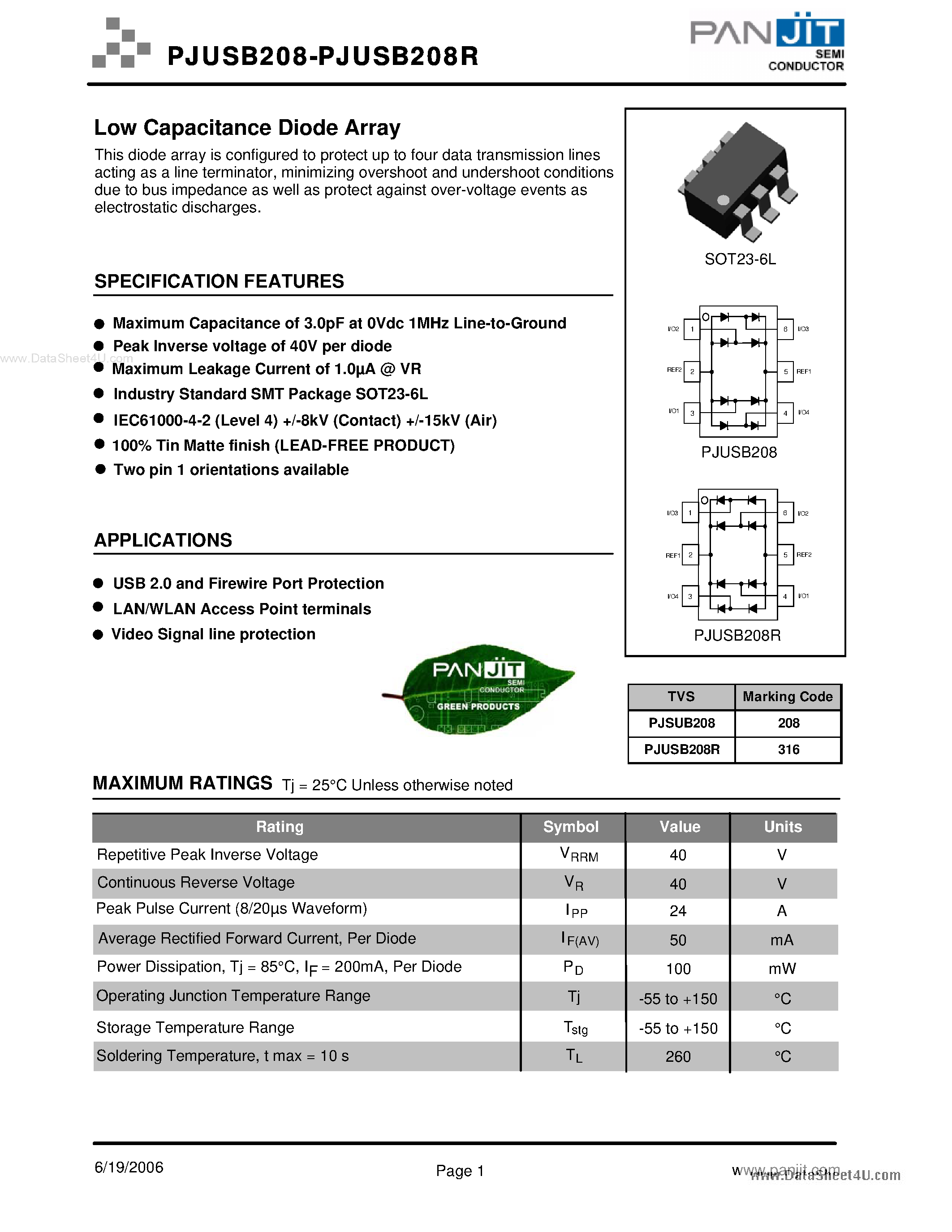 Datasheet PJSUB208 - Low Capacitance Diode Array page 1