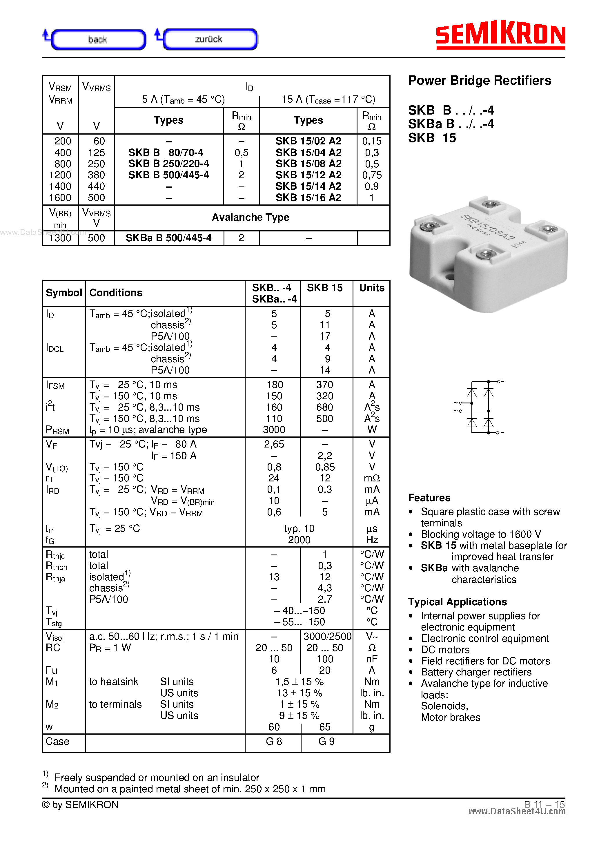 Datasheet SKBAB250/220-4 - Avalanche Bridge Rectifiers page 1