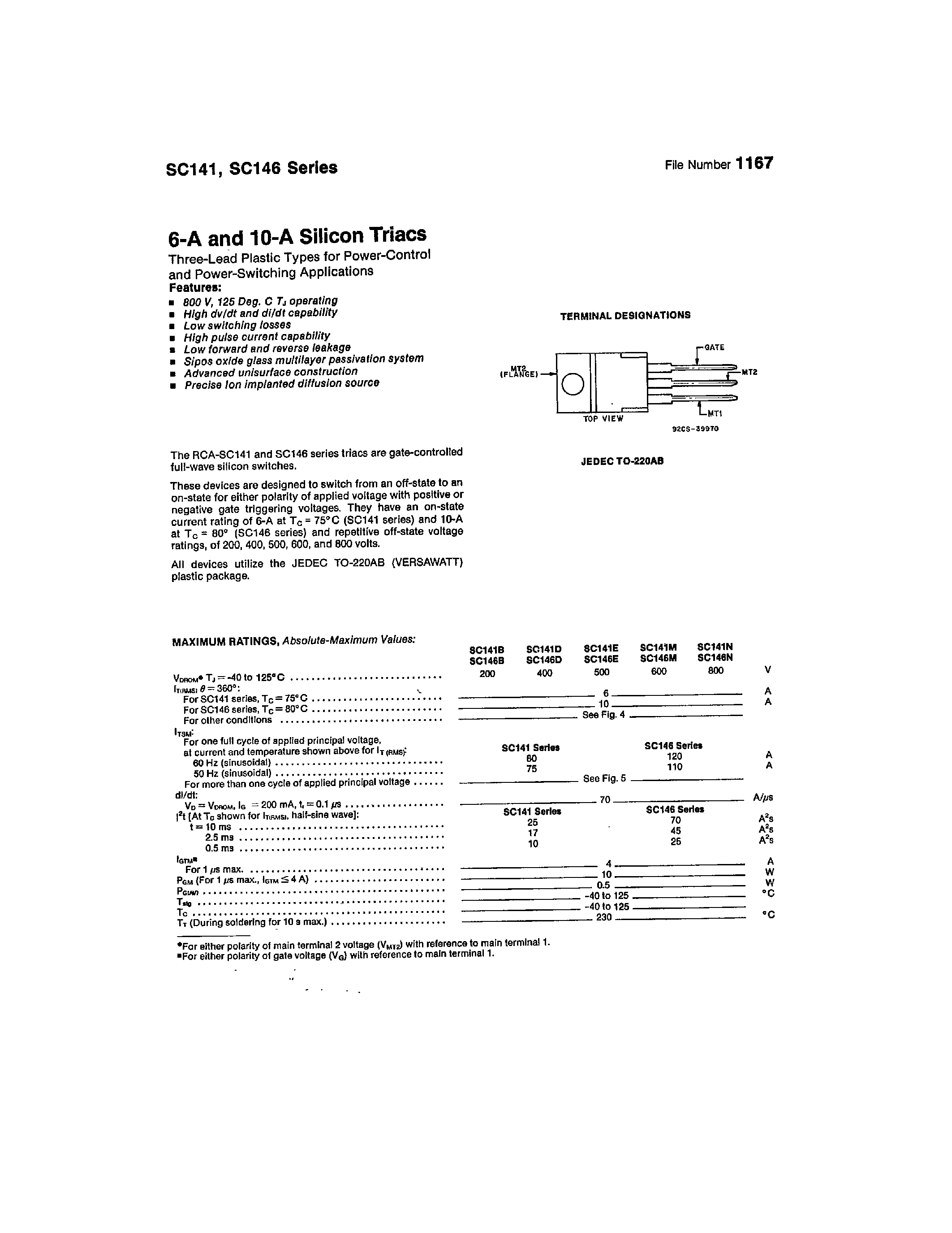 Даташит SC141 - (SC141 / SC146) 6-A AND 10-A SILICON TRIACS страница 1