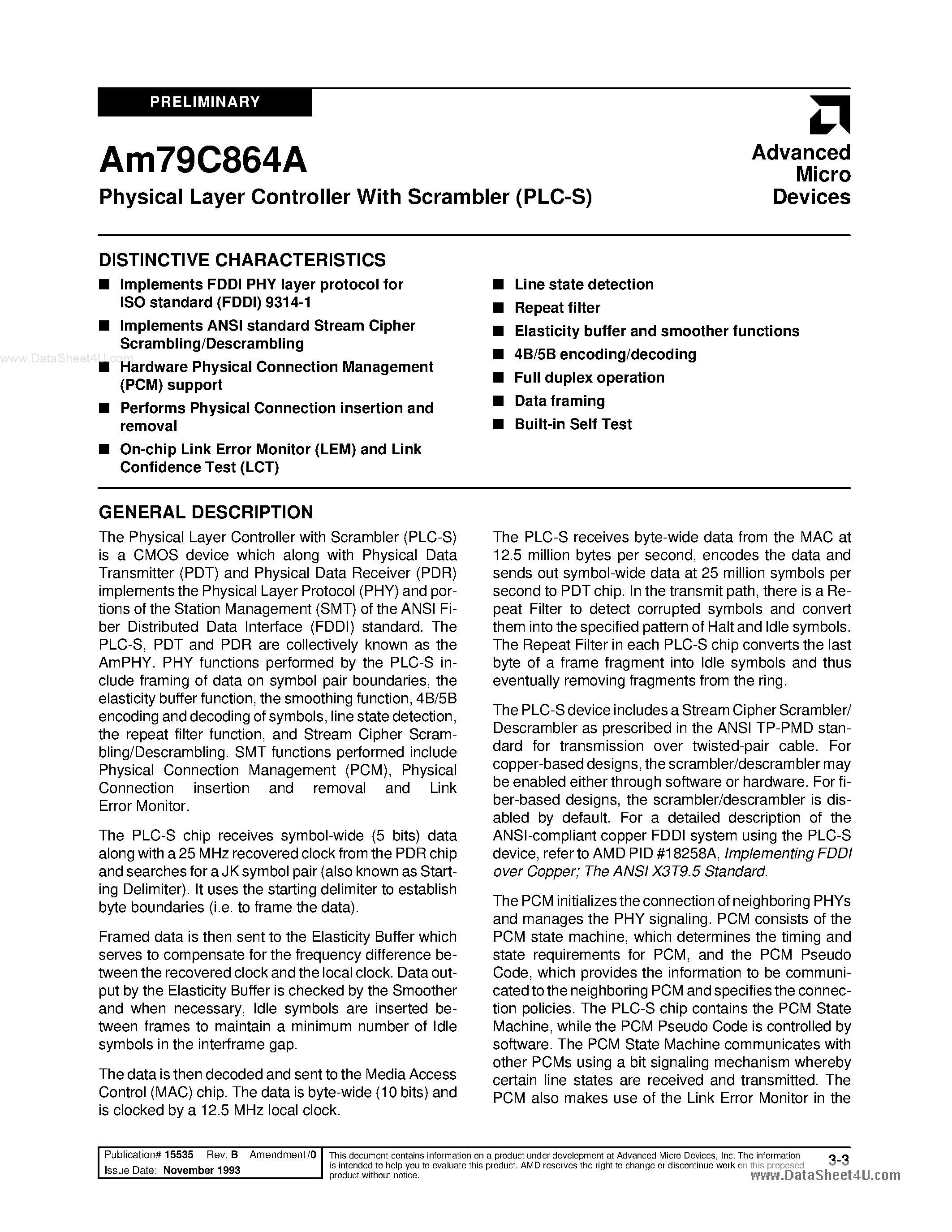 Datasheet AM79C864A - Physical Layer Controller page 1