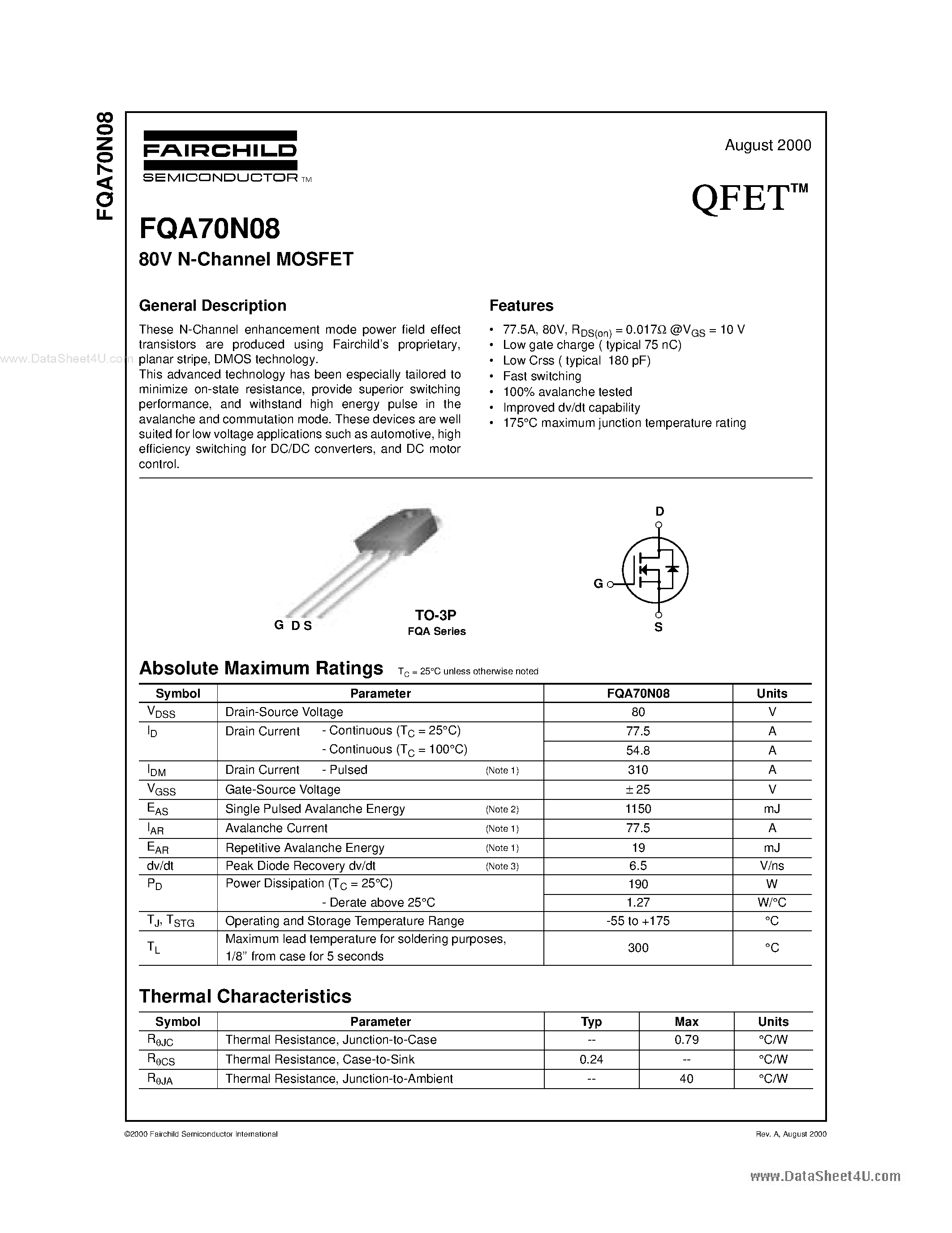 Даташит 70N08 - N-Channel MOSFET страница 1