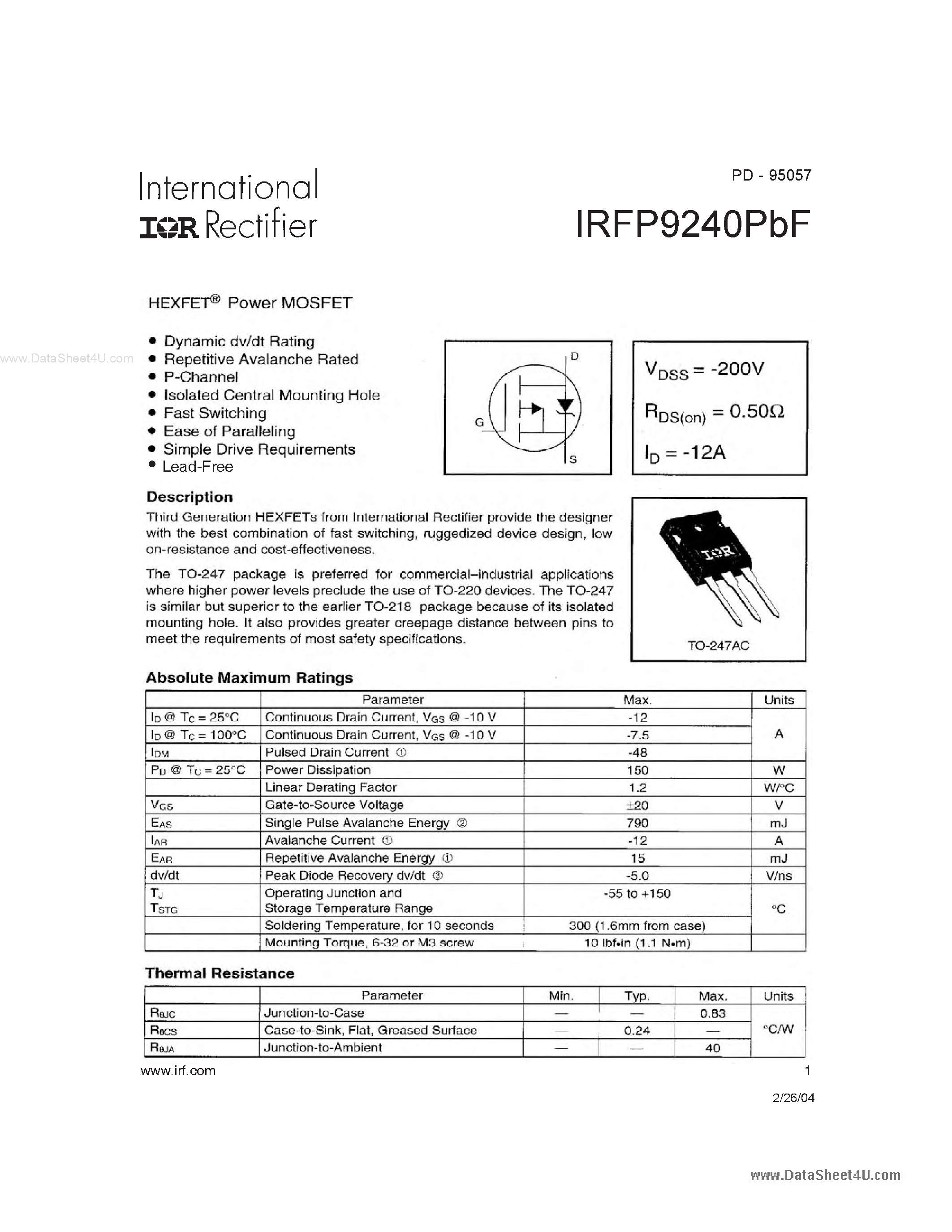 Datasheet IRFP9240PBF - Power MOSFET page 1