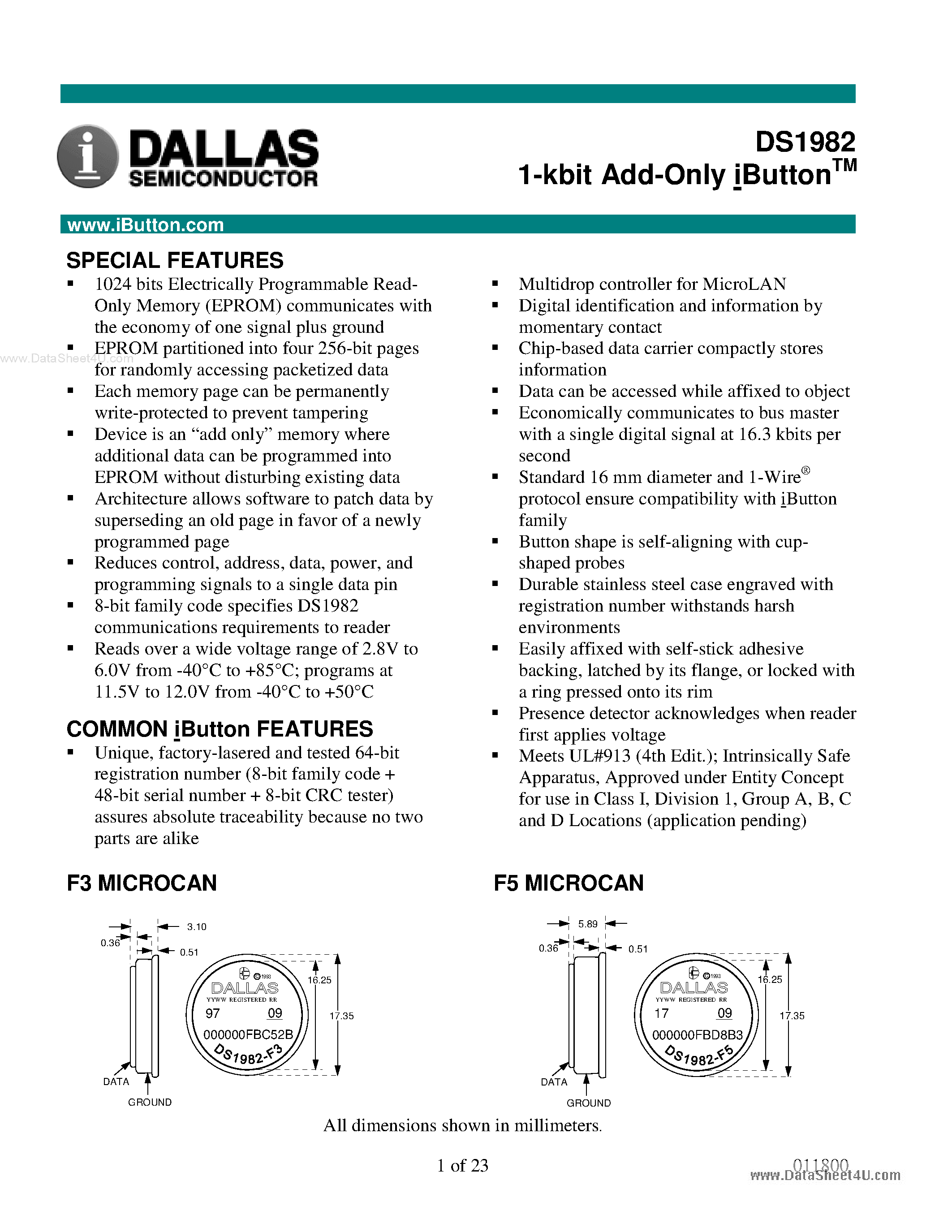 Datasheet DS1982 - 1-kbit Add-Only iButton page 1