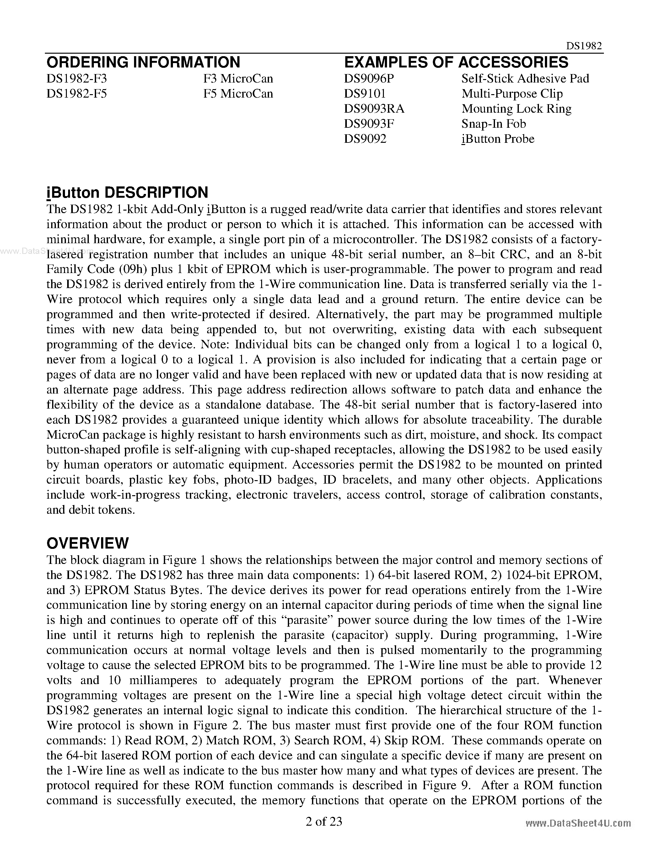 Datasheet DS1982 - 1-kbit Add-Only iButton page 2