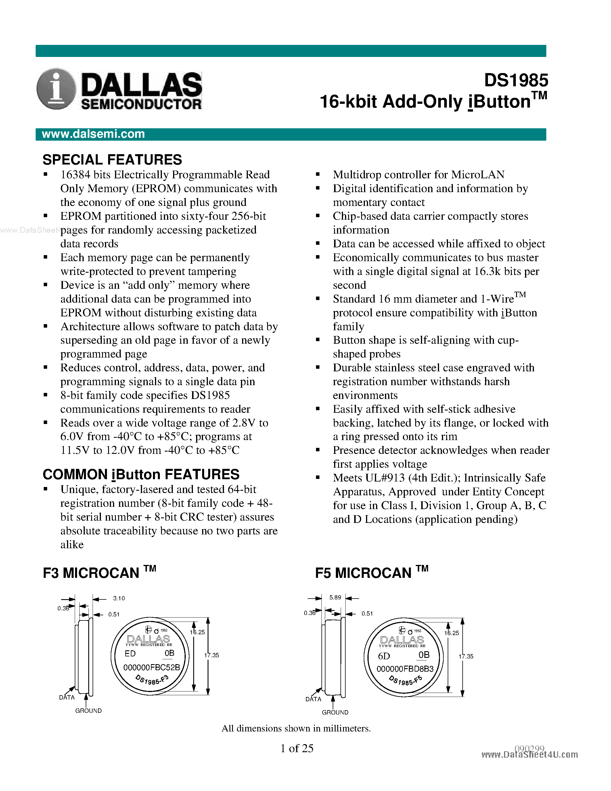 Datasheet DS1985 - 16-kbit Add-Only iButton page 1