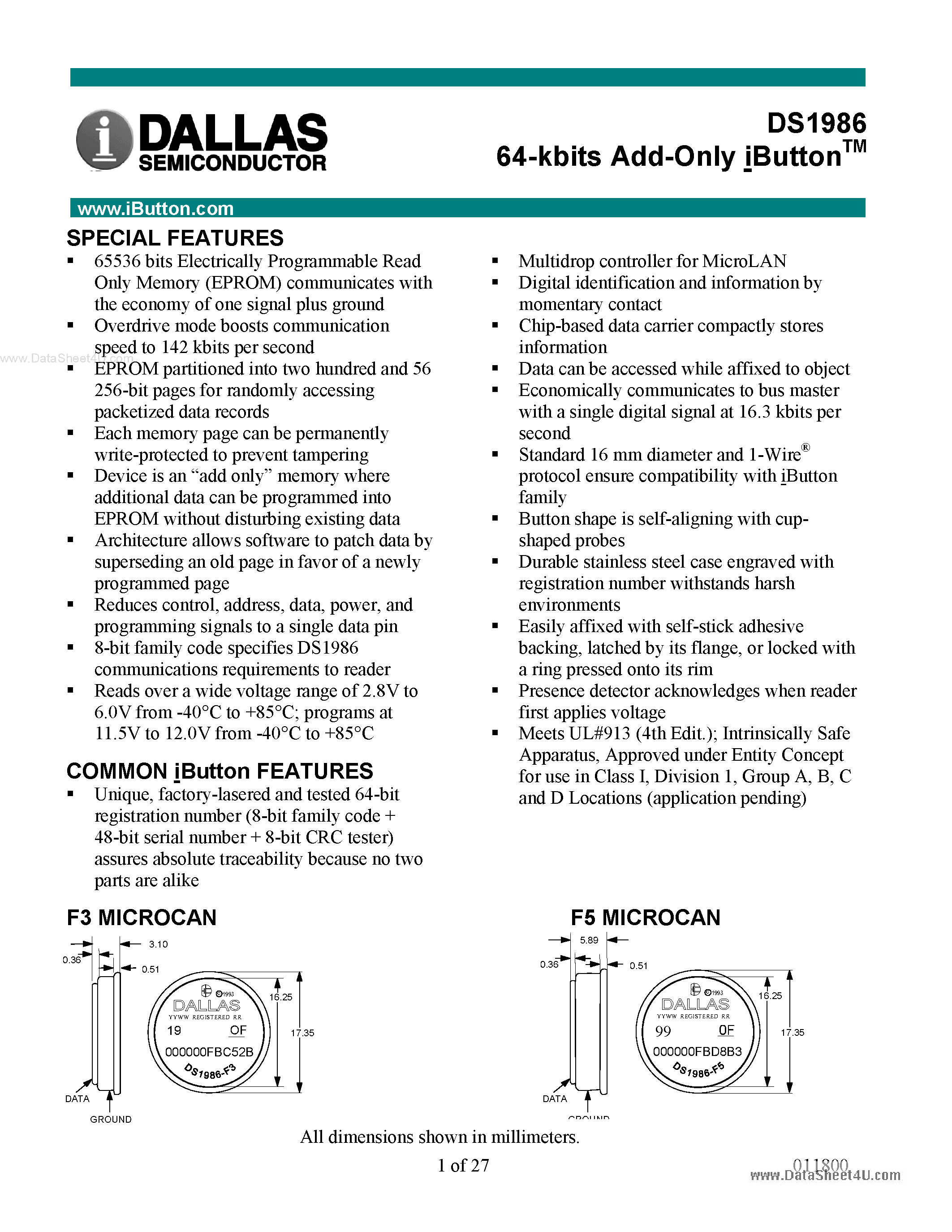 Datasheet DS1986 - 64-kbits Add-Only iButton page 1