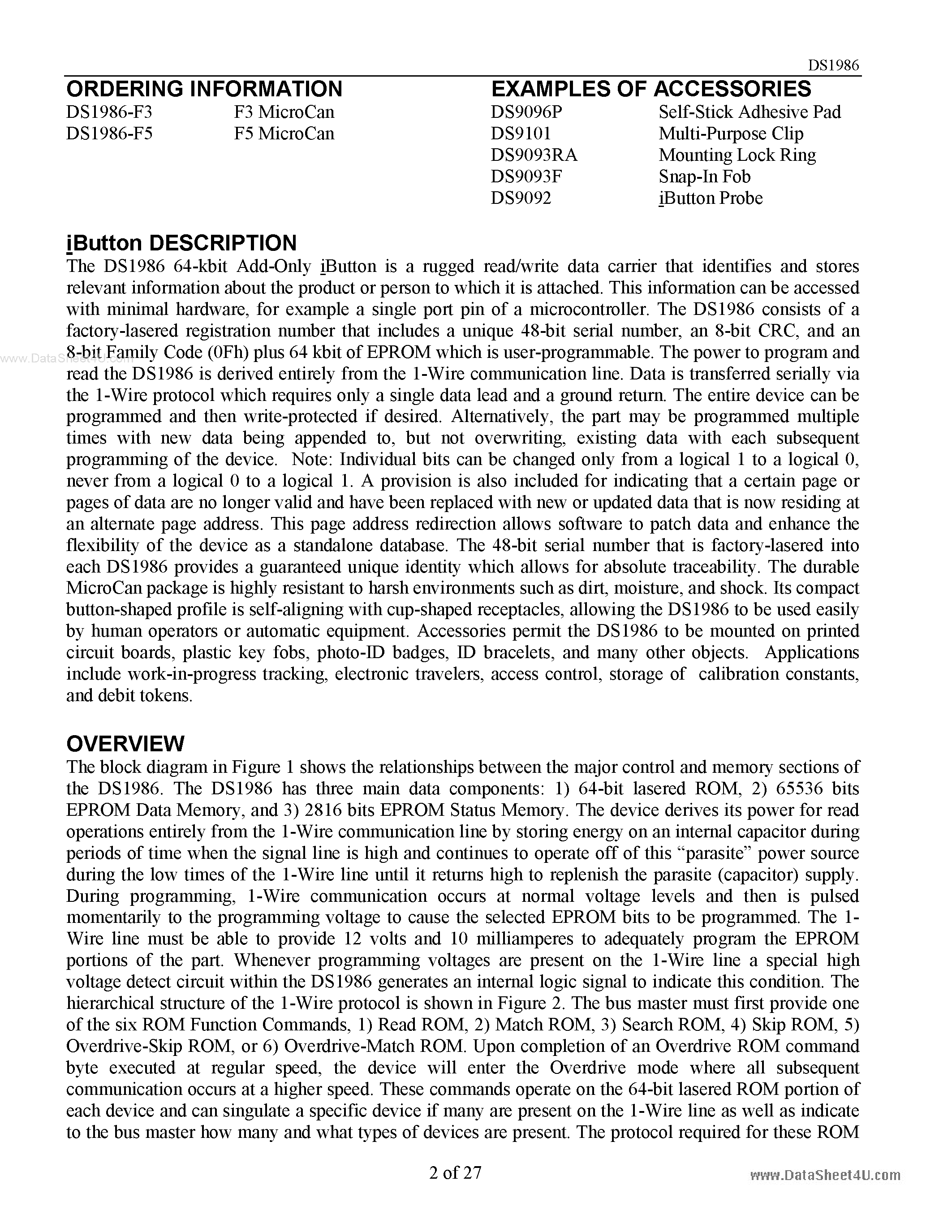 Datasheet DS1986 - 64-kbits Add-Only iButton page 2