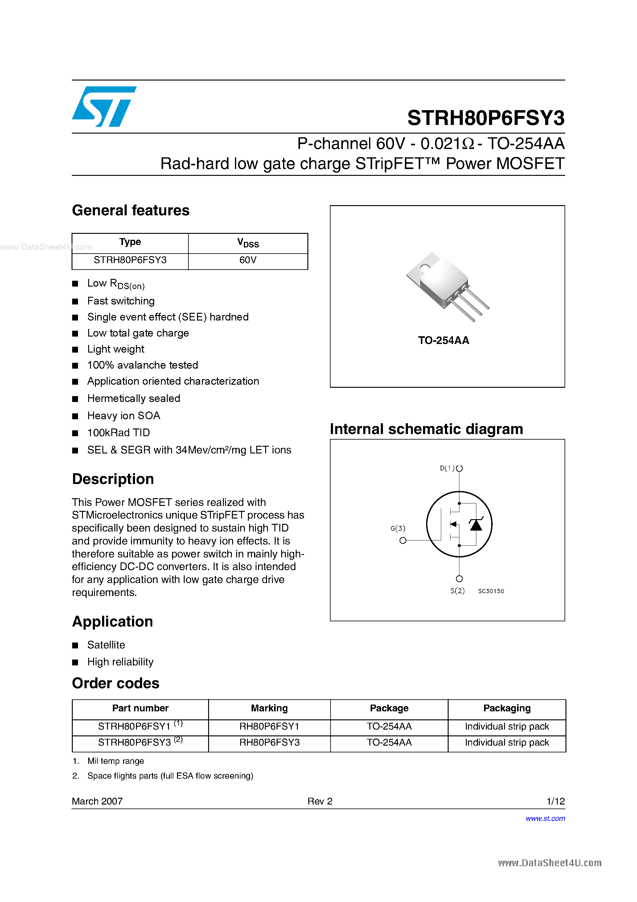 Даташит STRH80P6FSY3 - P-channel 60V - 0.021 Ohm - TO-254AA Rad-hard low gate charge STripFET страница 1