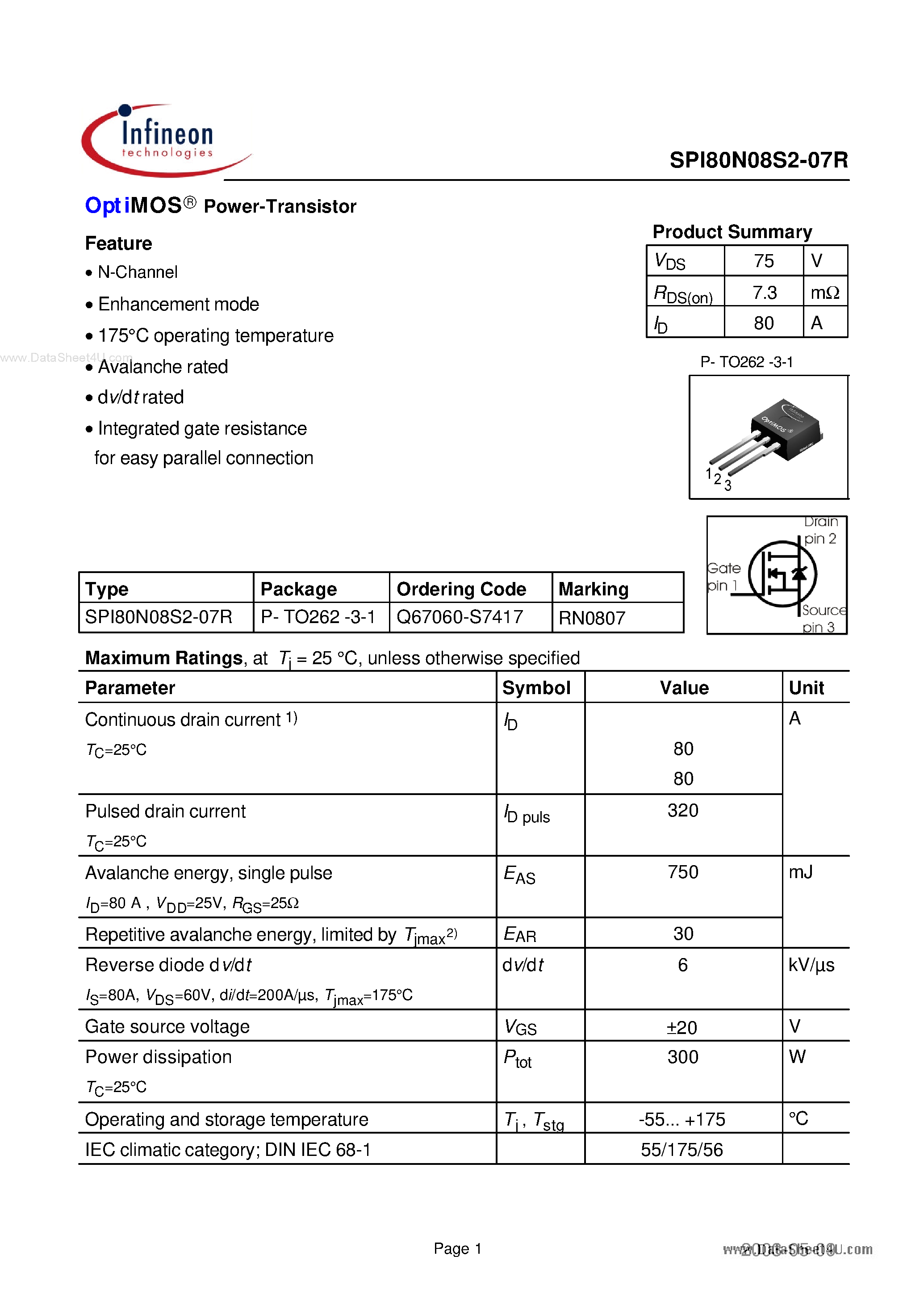 Даташит SPI80N08S2-07R - OptiMOS Power-Transistor страница 1