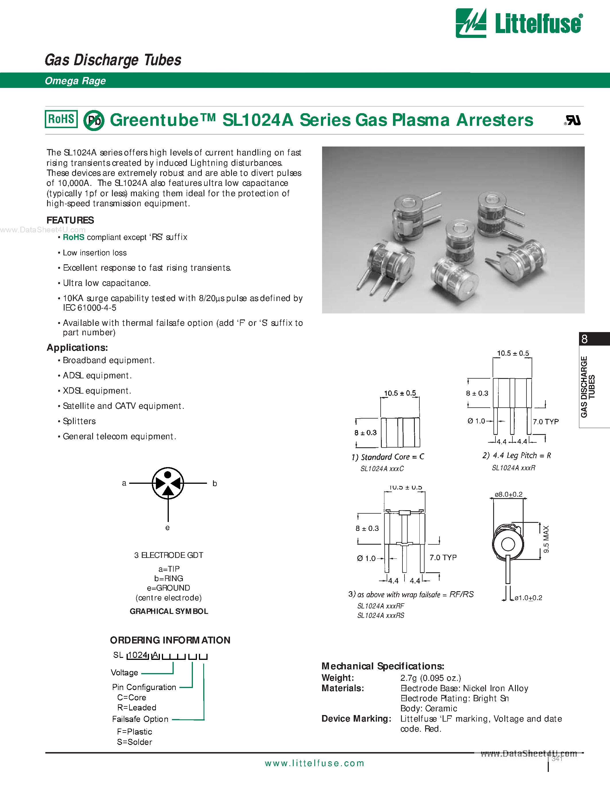 Datasheet SL1024A - Gas Discharge Tubes page 1