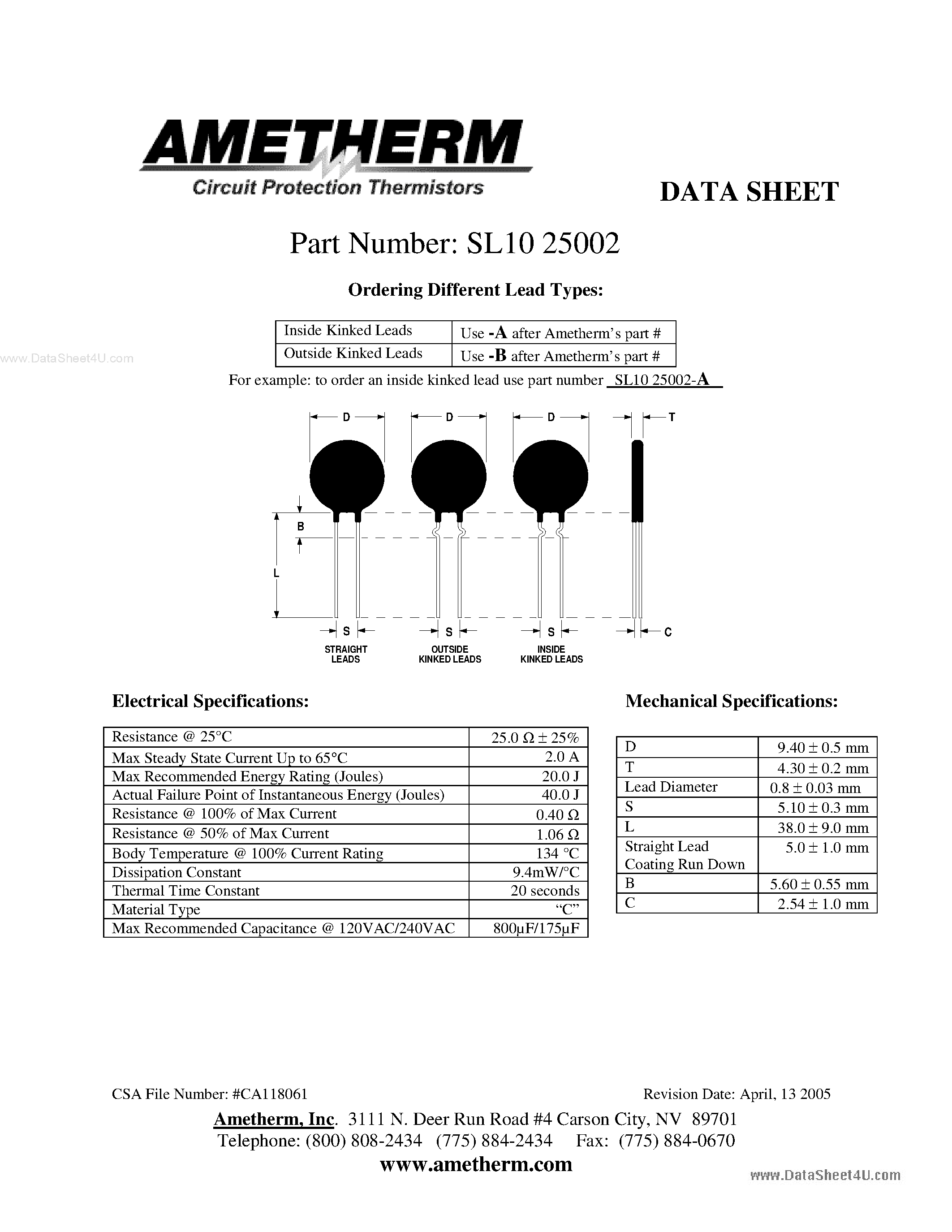 Datasheet SL1025002 - Circuit Protection Thermistors page 1