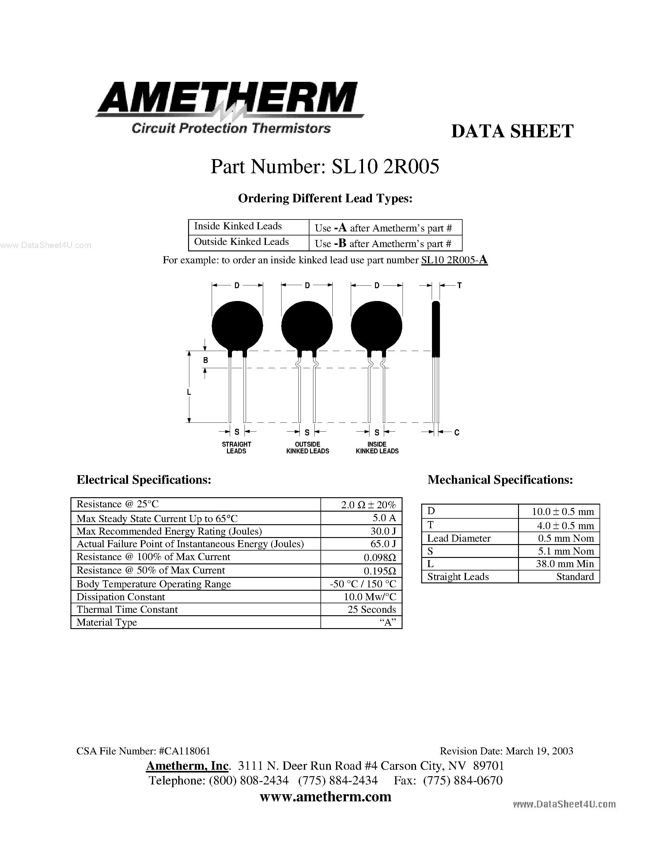 Datasheet SL102R005 - Circuit Protection Thermistors page 1