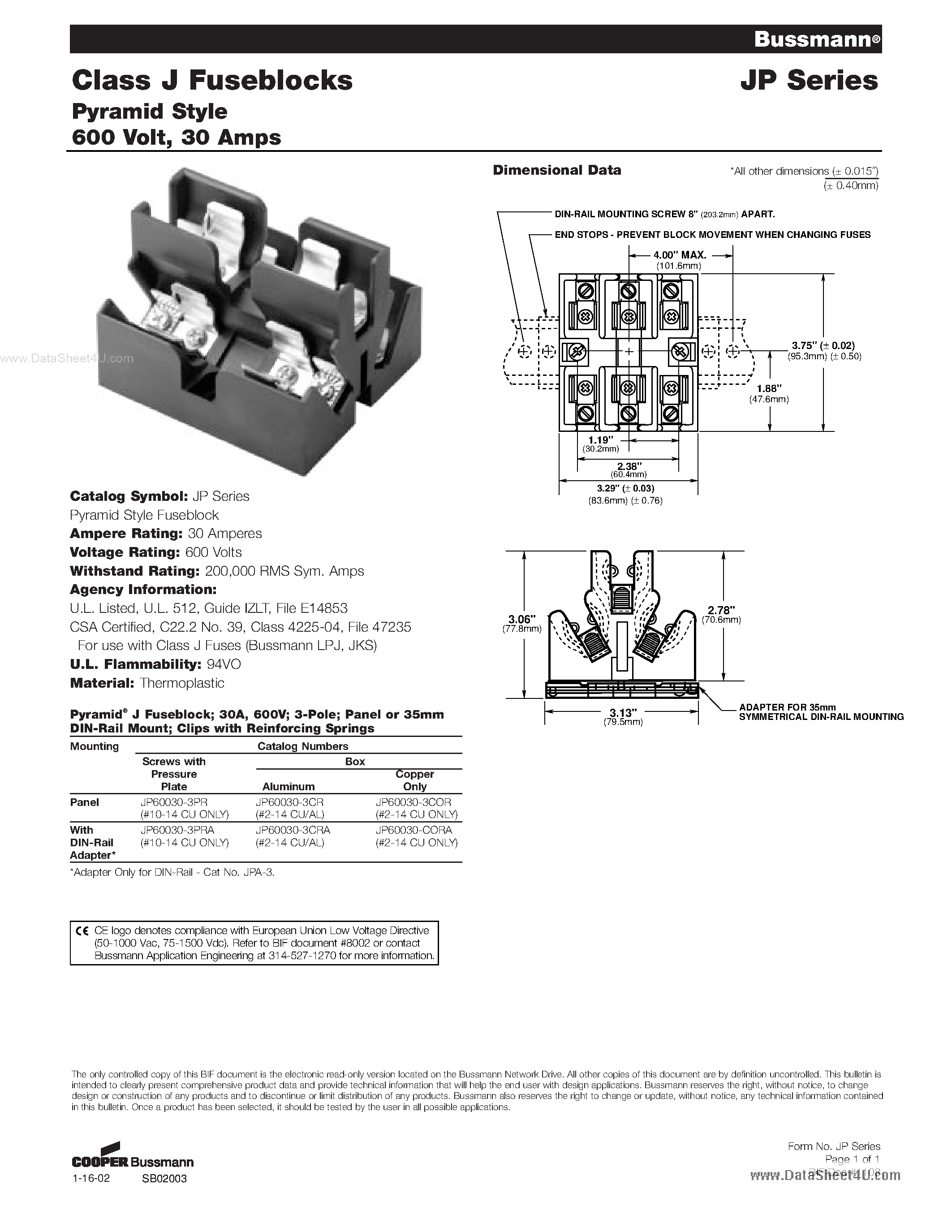 Даташит JP60030-xxx - Class J Fuseblocks страница 1