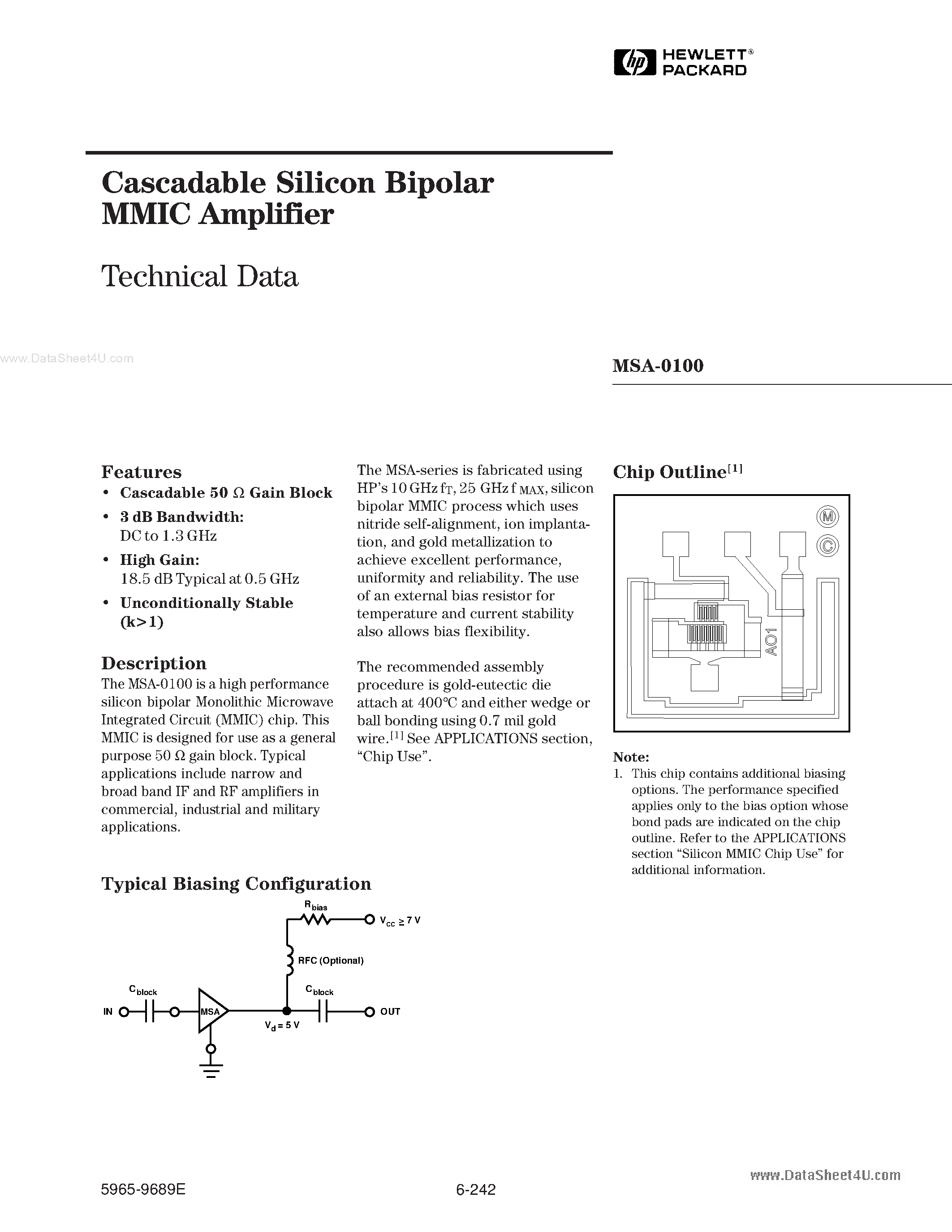 Даташит MSA-0100 - Cascadable Silicon Bipolar MMIC Amplifier страница 1