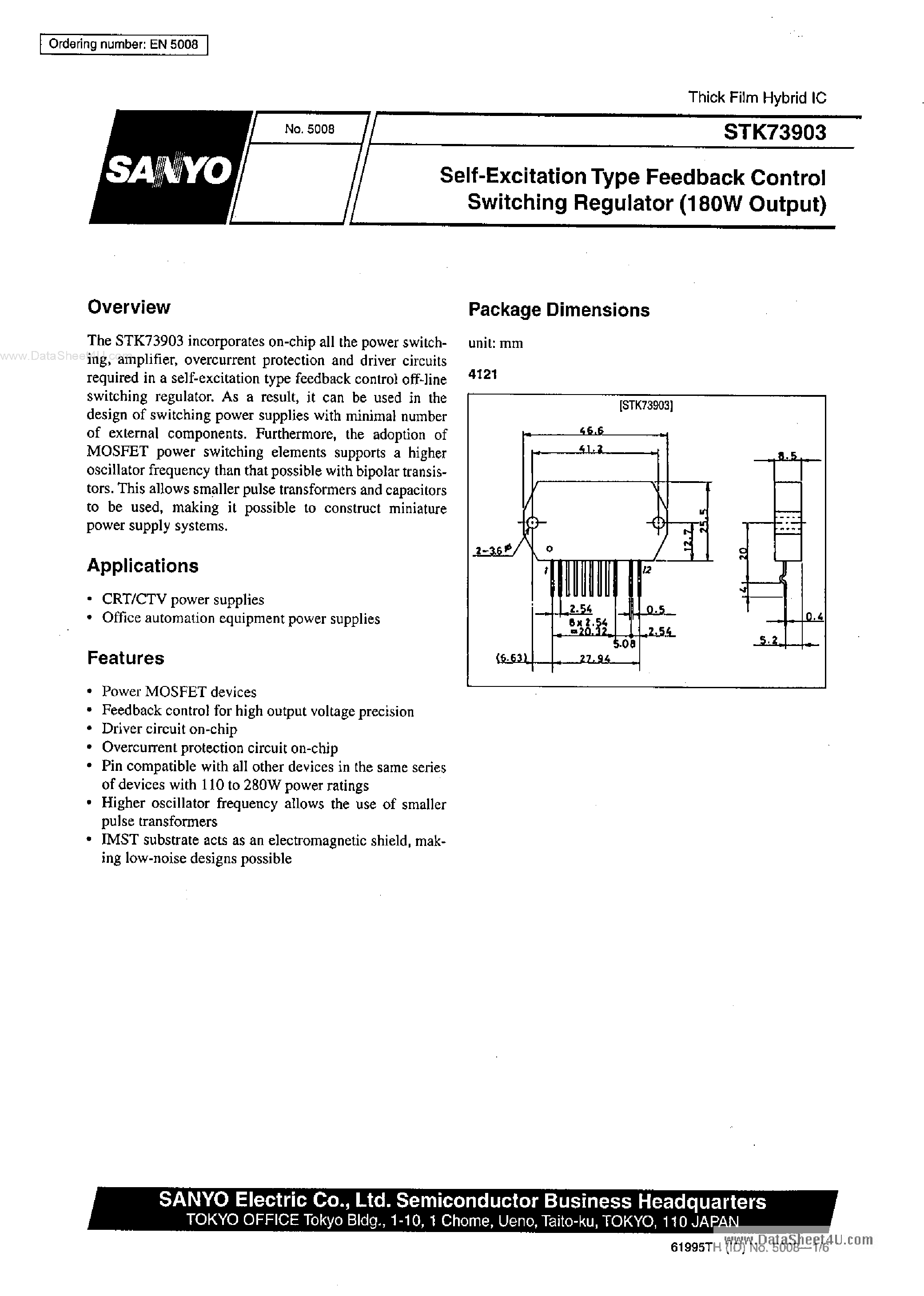 Datasheet STK73903 - Self-Excitation Type Feedback Control Switching Regulator page 1