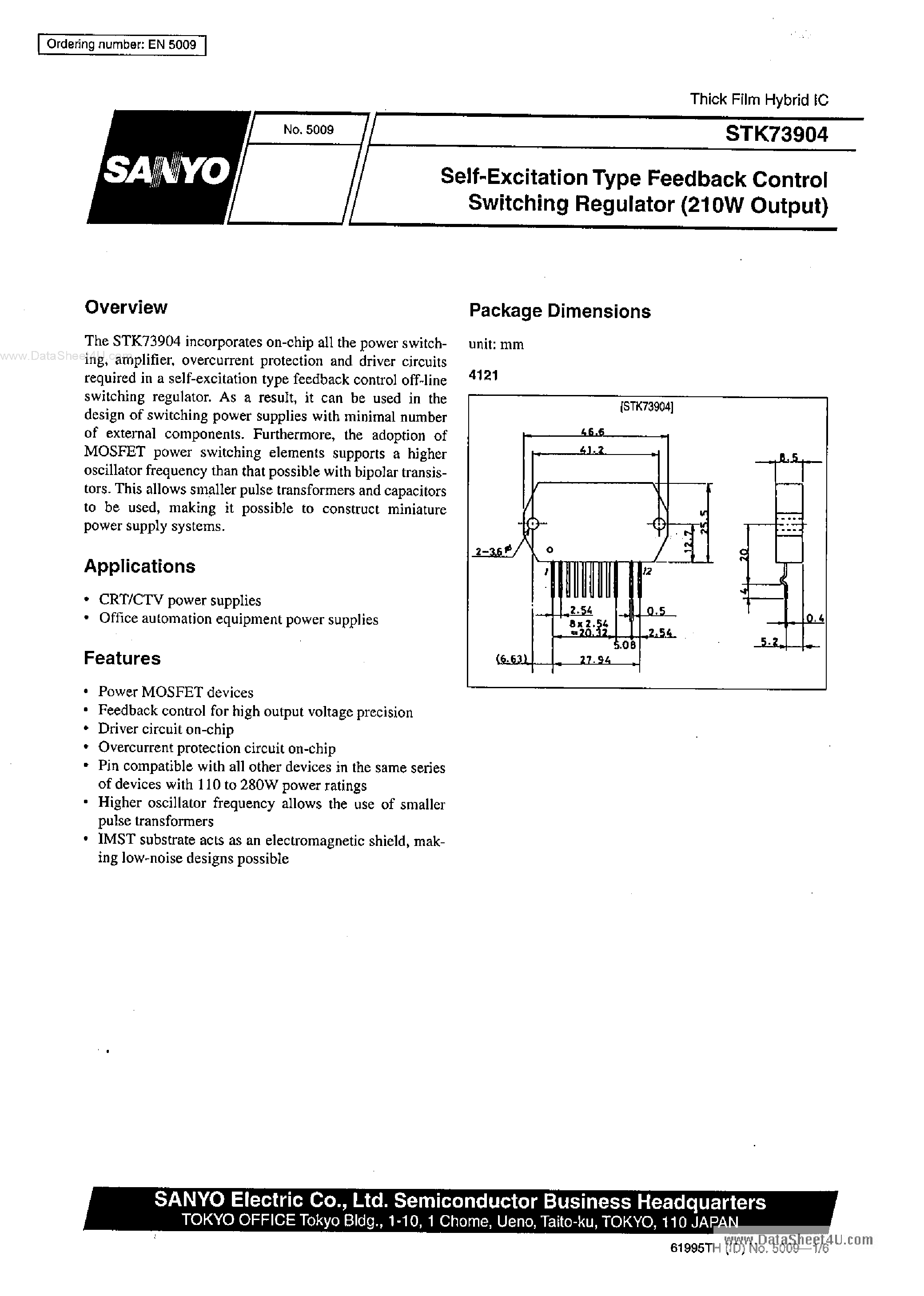 Datasheet STK73904 - Self-Excitation Type Feedback Control Switching Regulator page 1