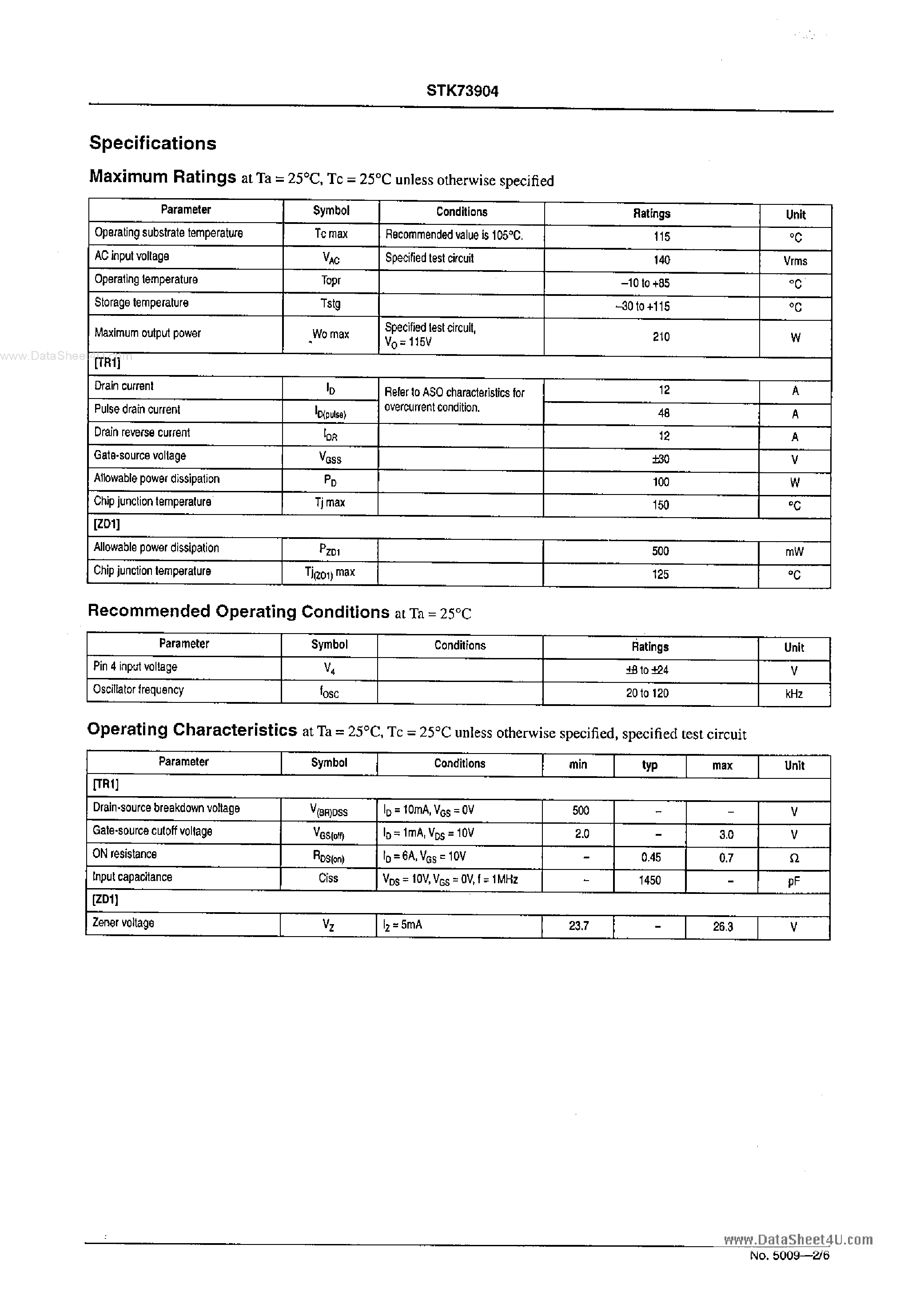 Datasheet STK73904 - Self-Excitation Type Feedback Control Switching Regulator page 2