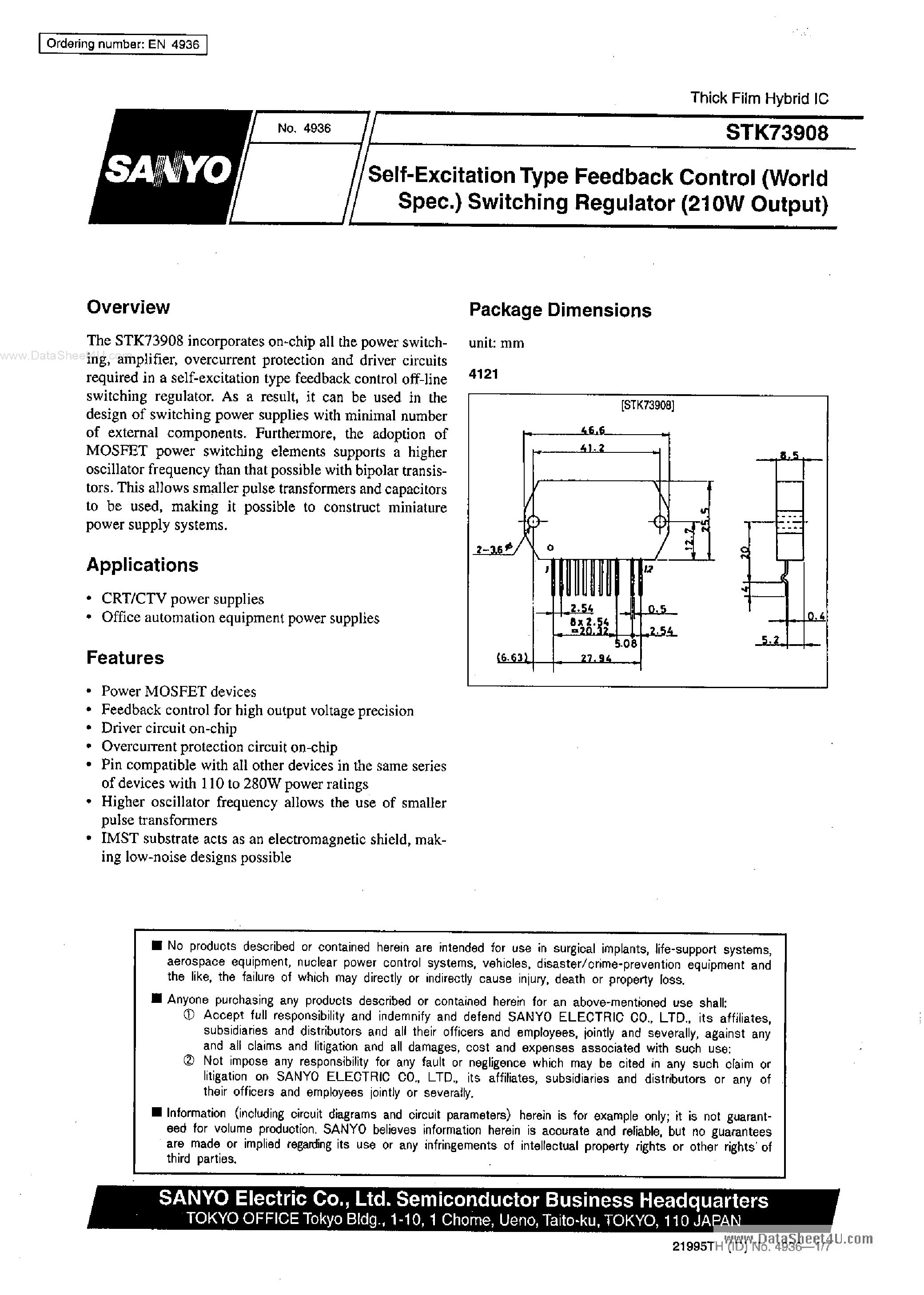 Datasheet STK73908 - Self-Excitation Type Feedback Control Switching Regulator page 1