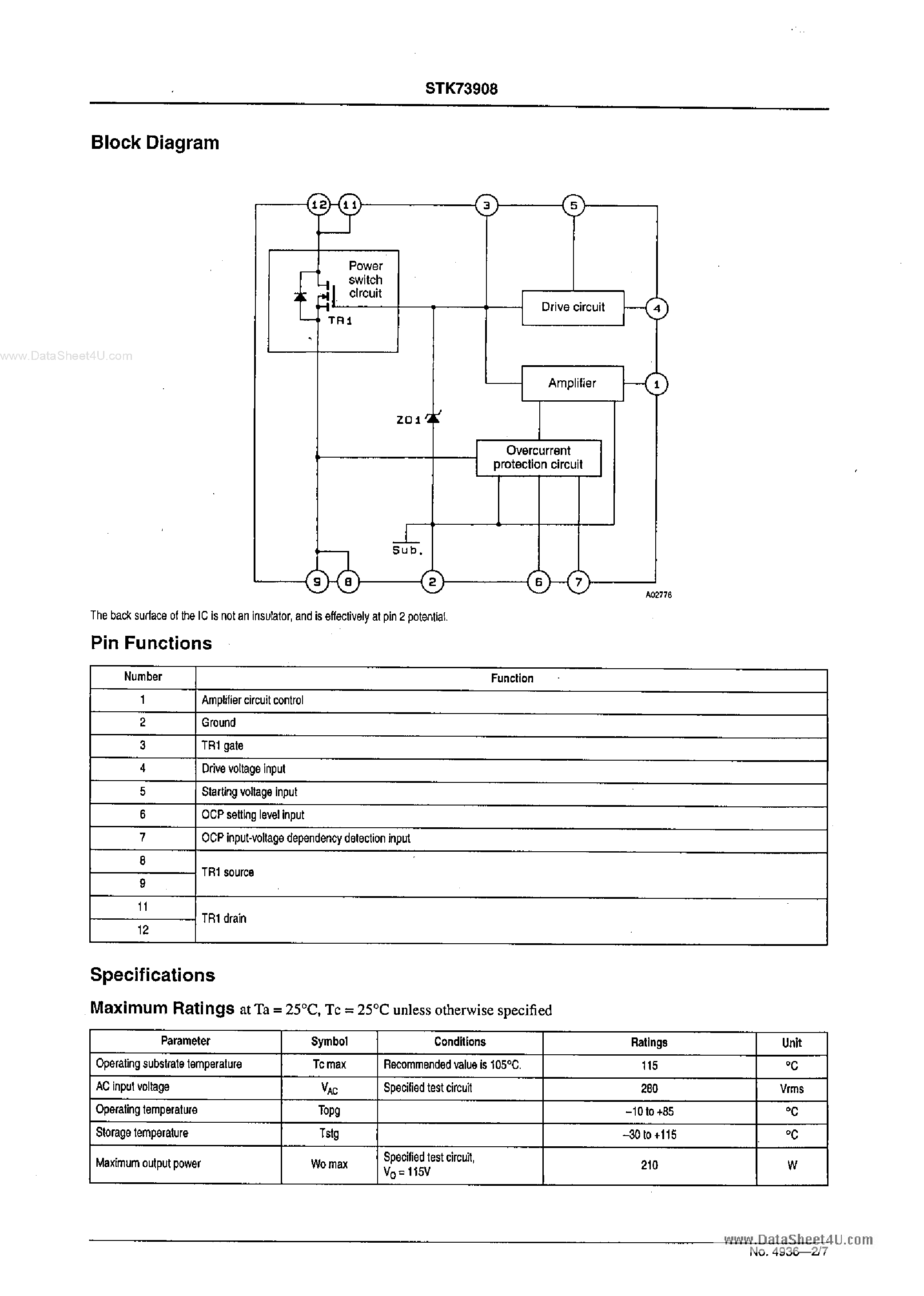 Datasheet STK73908 - Self-Excitation Type Feedback Control Switching Regulator page 2