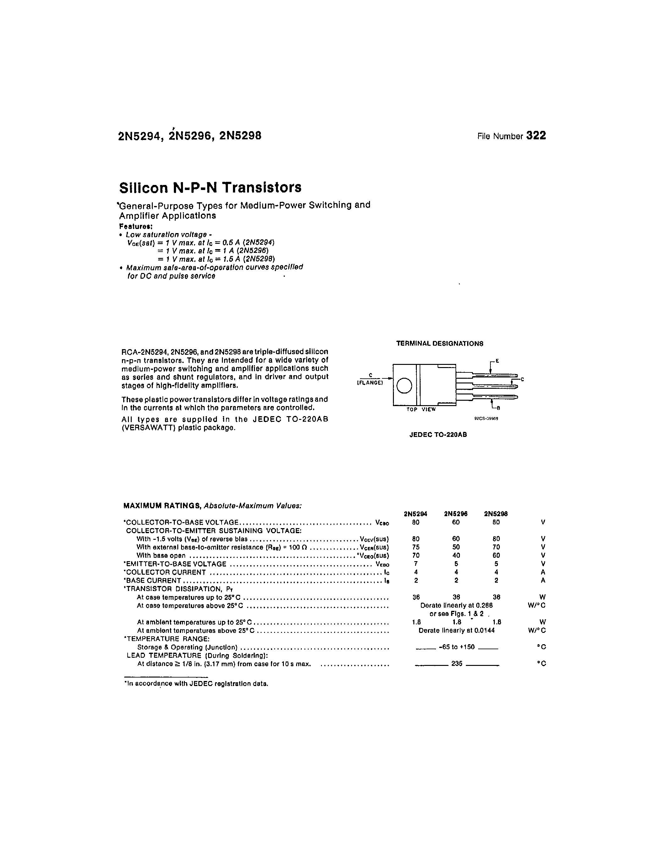 Даташит 2N5294 - (2N5294 - 2N5298) Silicon N-P-N transistor страница 1