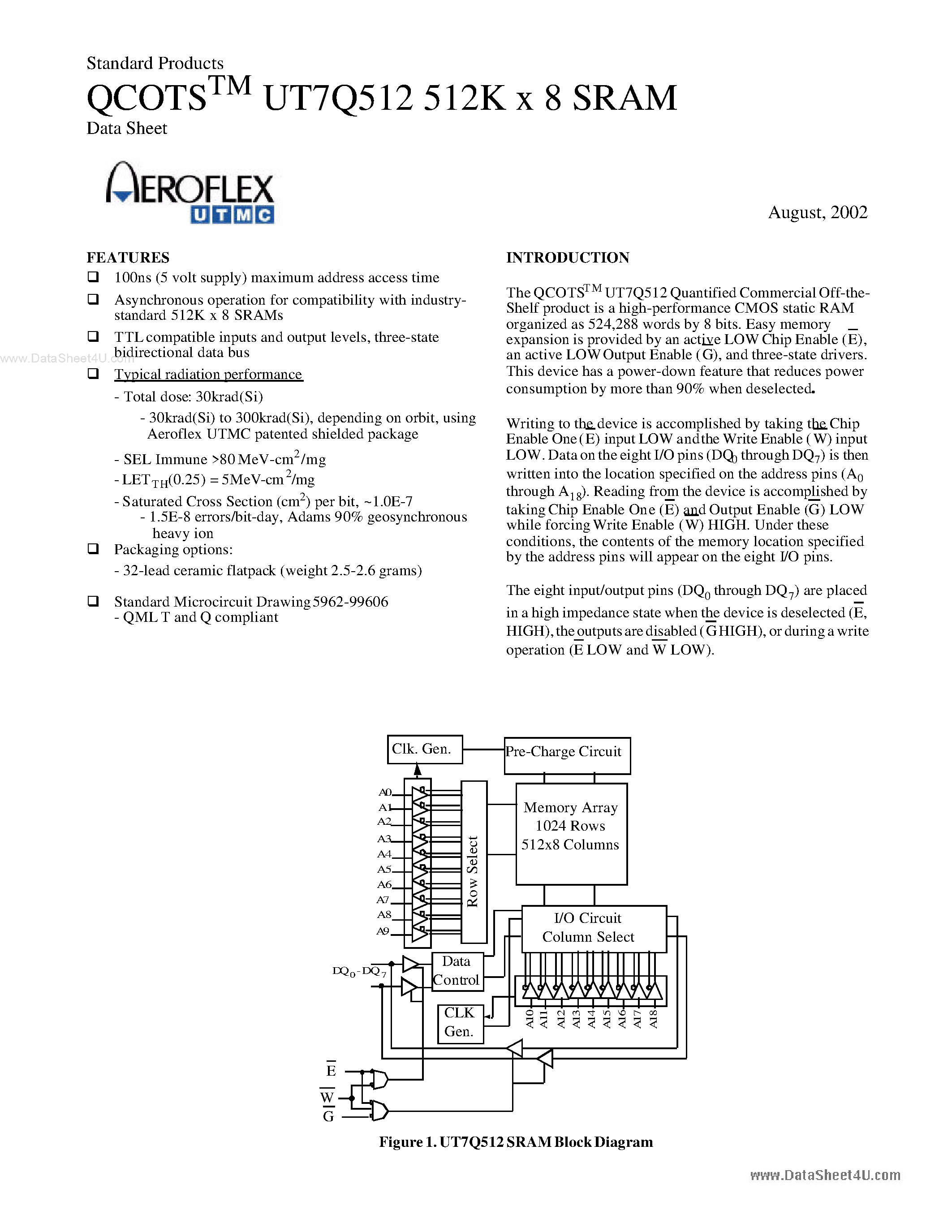 Даташит UT7Q512 - 512K x 8 SRAM страница 1