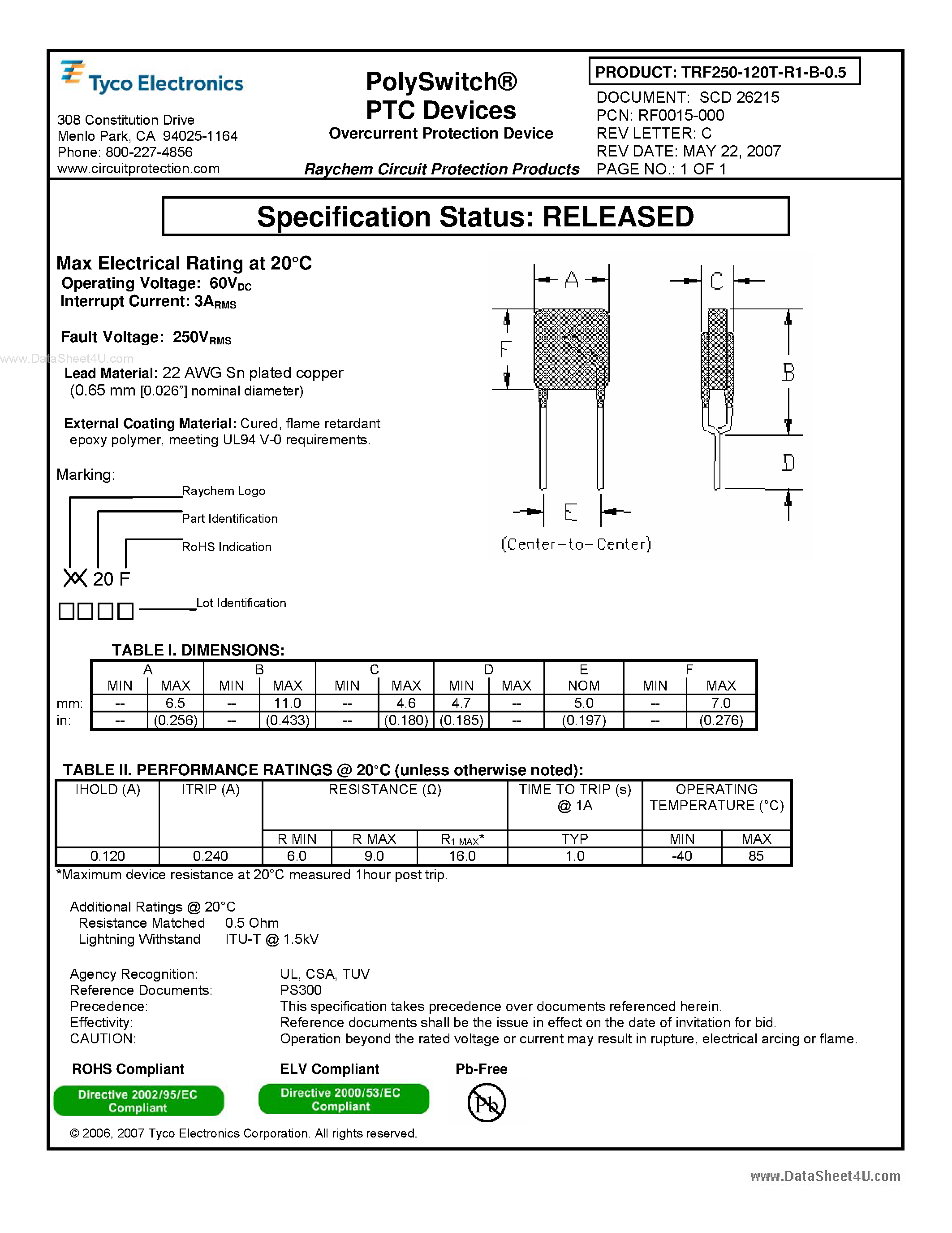 Datasheet TRF250-120T-R1-B-0.5 - Raychem PolySwitch PPTC device page 1