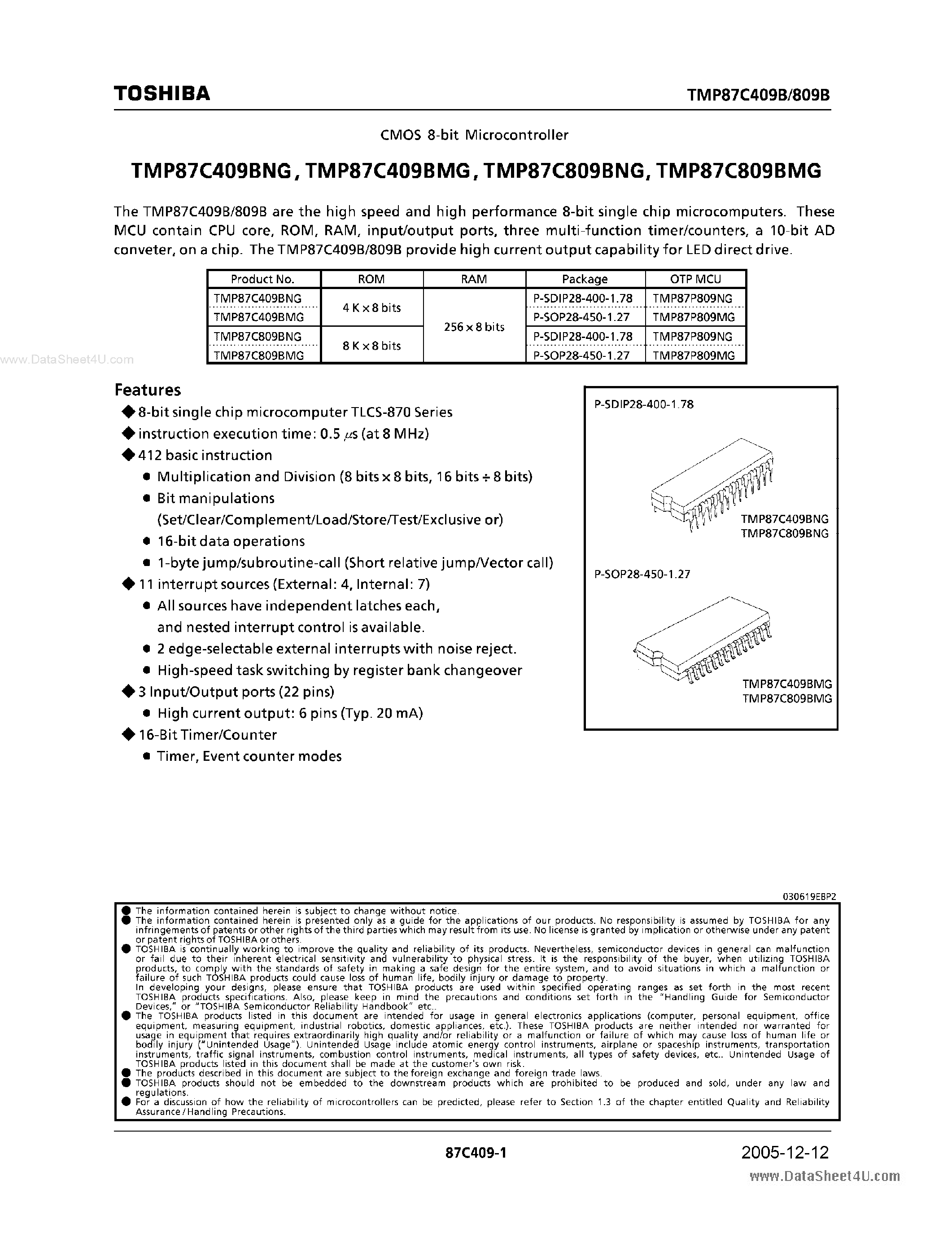 Datasheet TMP87C409BMG - (TMP87Cx09BxG) CMOS 8-BIT MICROCONTROLLER page 1