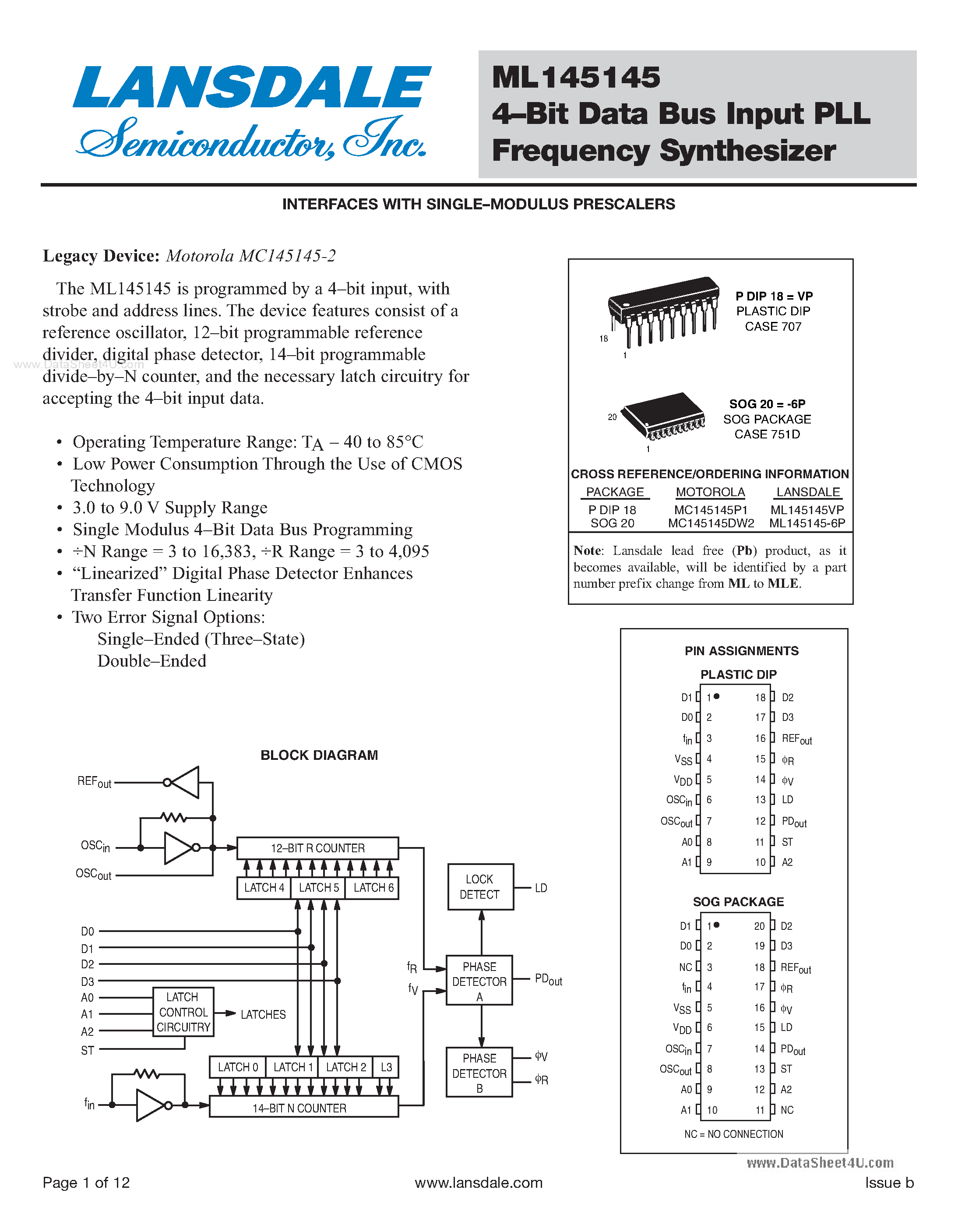 Даташит MC145145 - 4-Bit Data Bus Input PLL Frequency Synthesizer страница 1