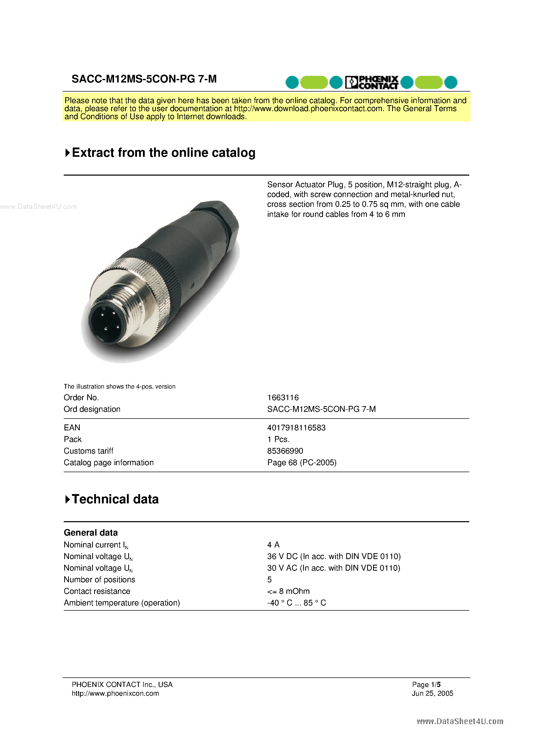 Datasheet M12MS-5CON-PG7-M - Bus Cable page 1