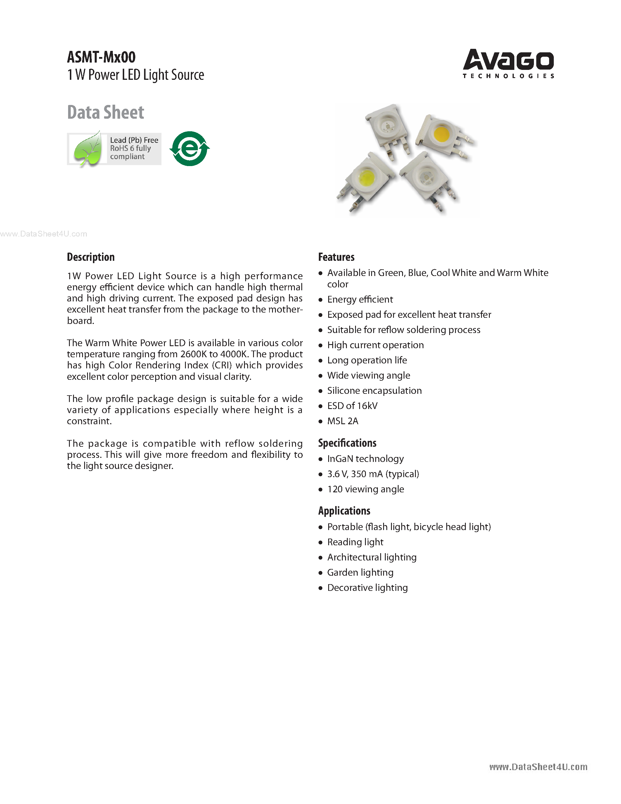 Даташит ASMT-Mx00 - 1 W Power LED Light Source страница 1