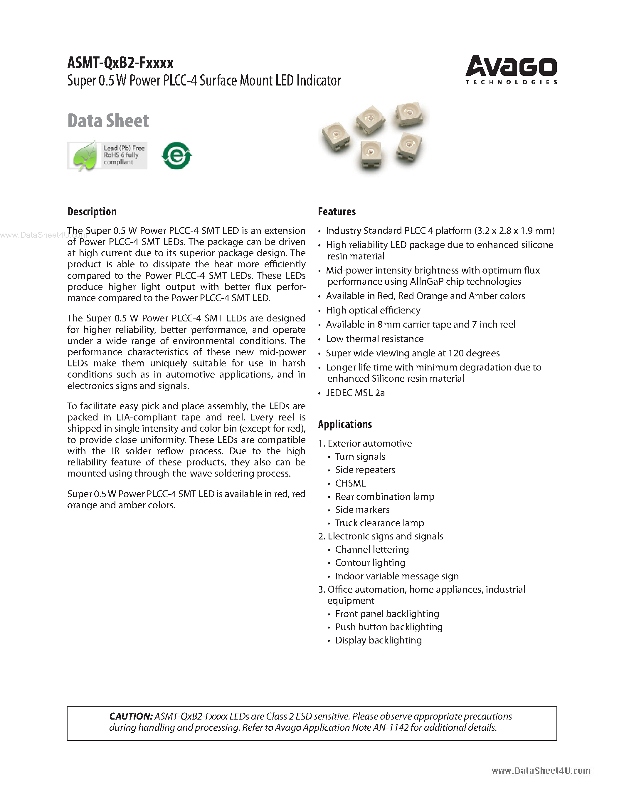 Даташит ASMT-QxB2-Fxxxx - Super 0.5 W Power PLCC-4 Surface Mount LED Indicator страница 1