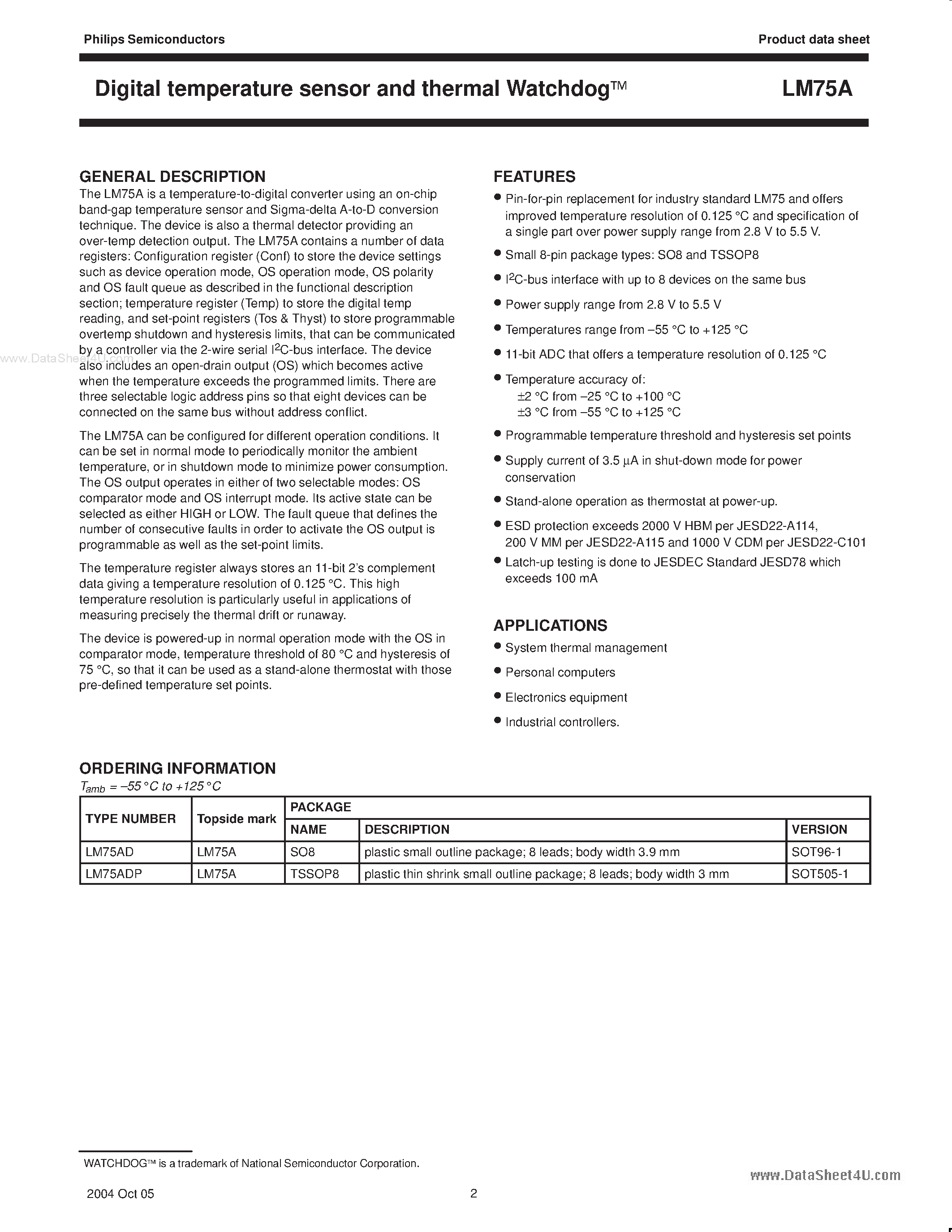 Даташит LM75A - Digital temperature sensor and thermal Watchdog страница 2