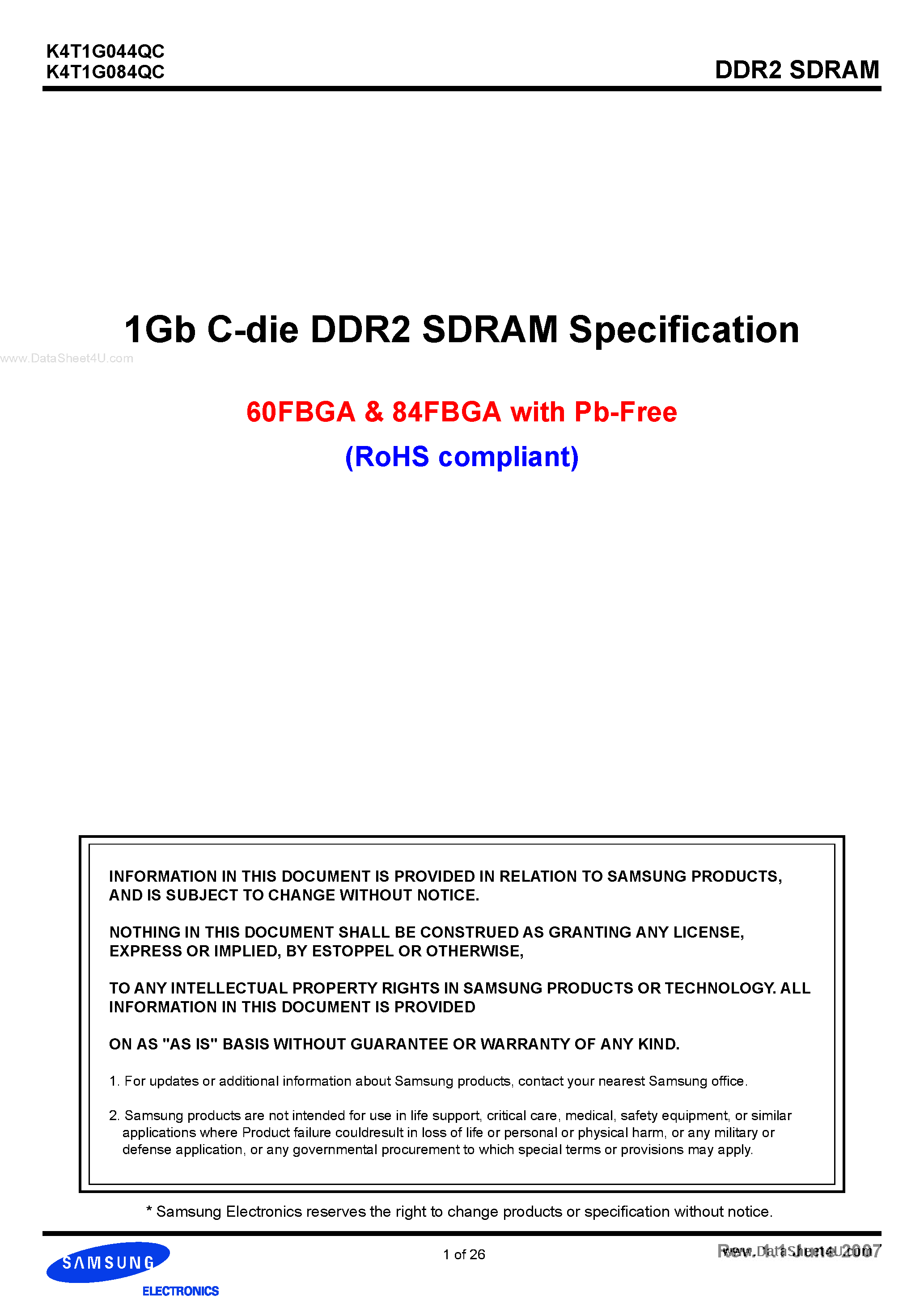 Datasheet K4T1G044QC - (K4T1G044QC / K4T1G084QC) 1Gb C-die DDR2 SDRAM Specification page 1