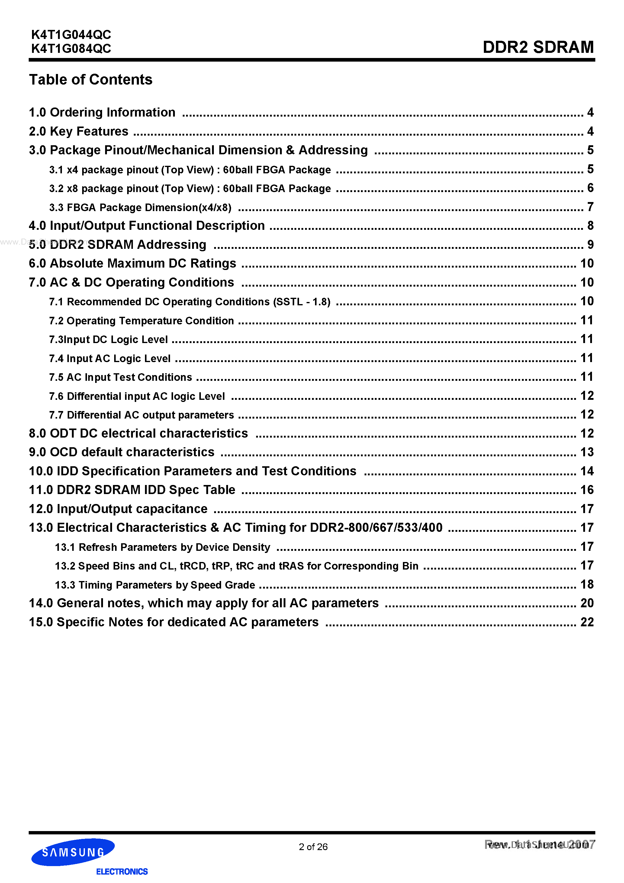 Datasheet K4T1G044QC - (K4T1G044QC / K4T1G084QC) 1Gb C-die DDR2 SDRAM Specification page 2