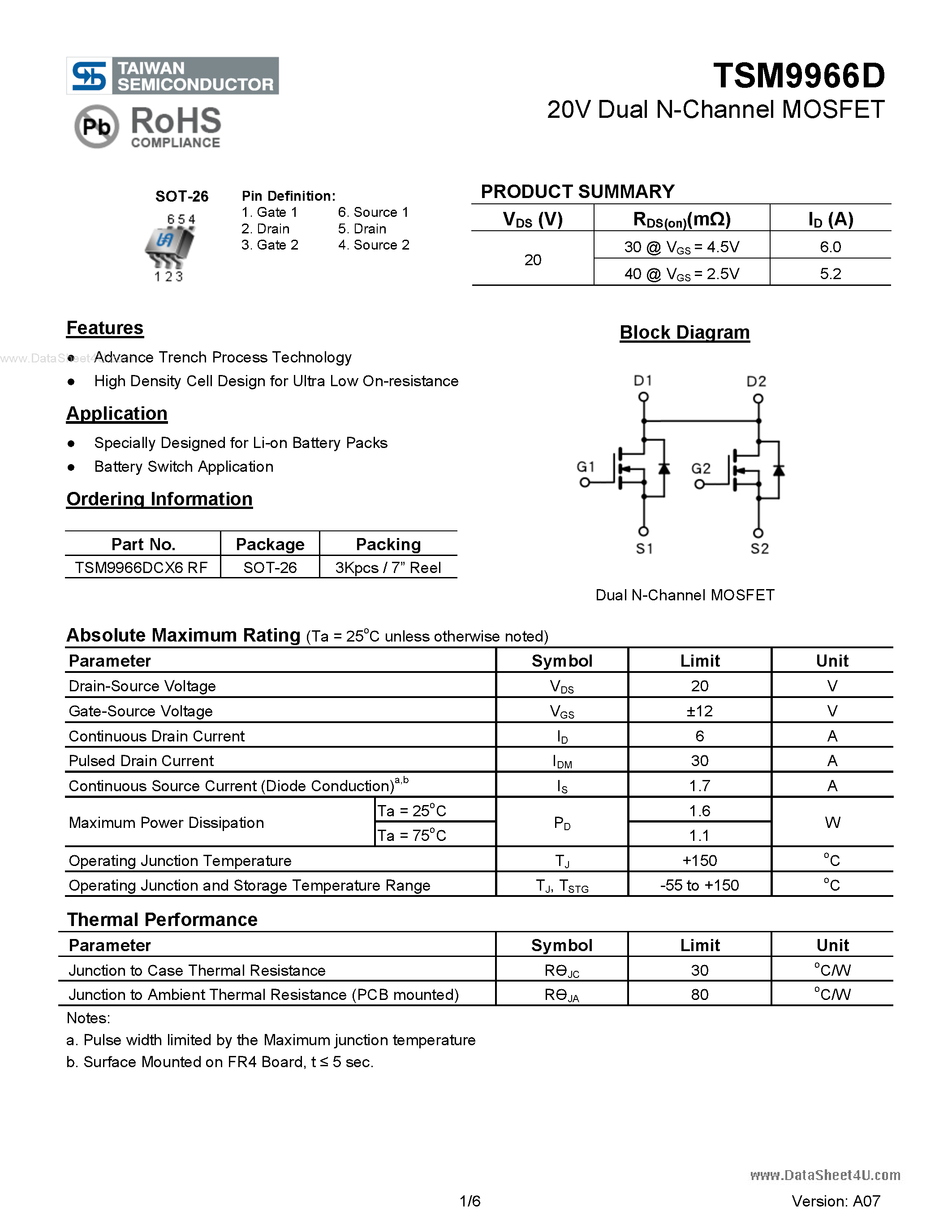 Даташит TSM9966D - 20V Dual N-Channel MOSFET страница 1