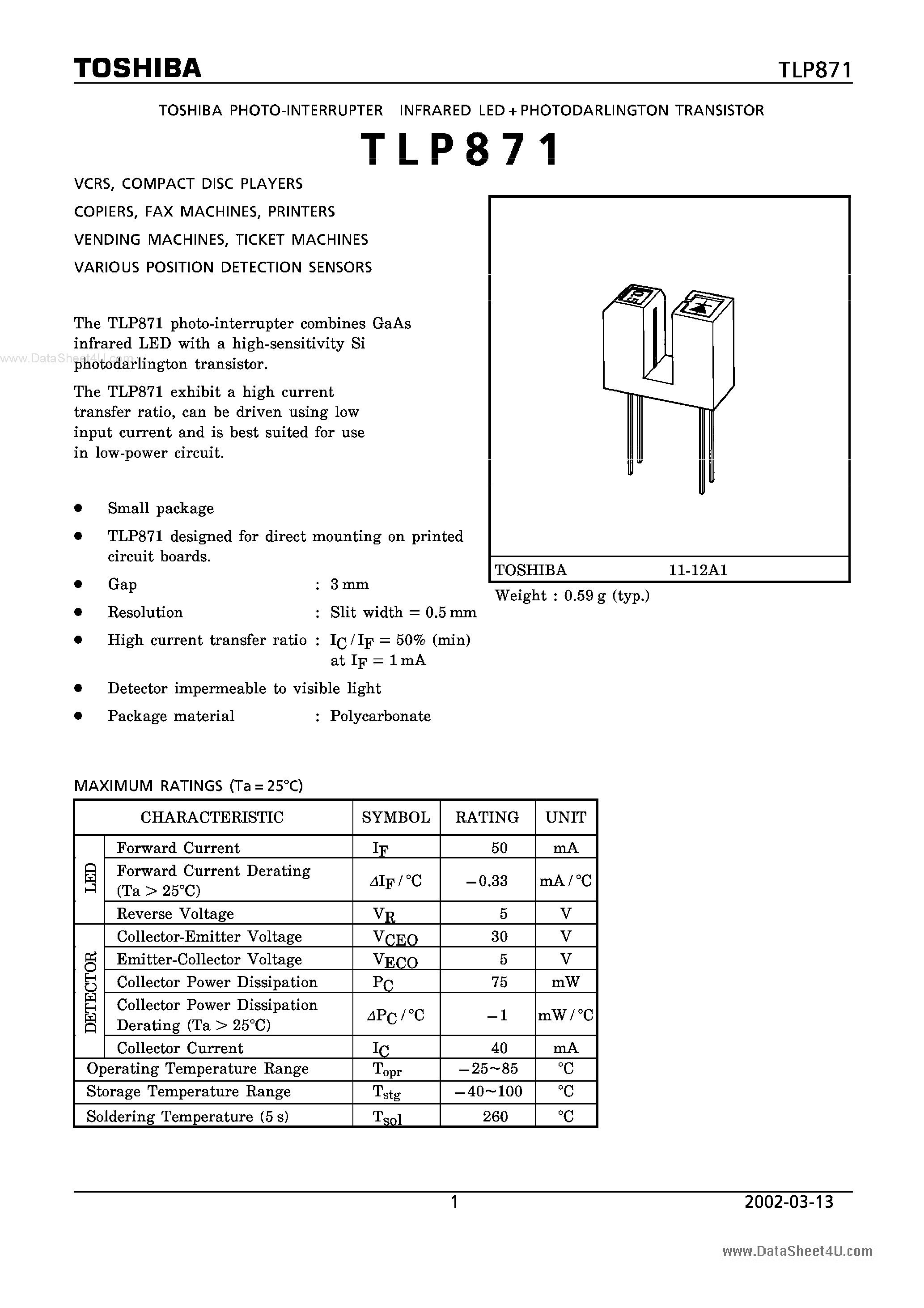 Даташит TLP871 - PHOTO INTERRUPTER INFRARED LED PHOTODARLINGTON TRANSISTOR страница 1