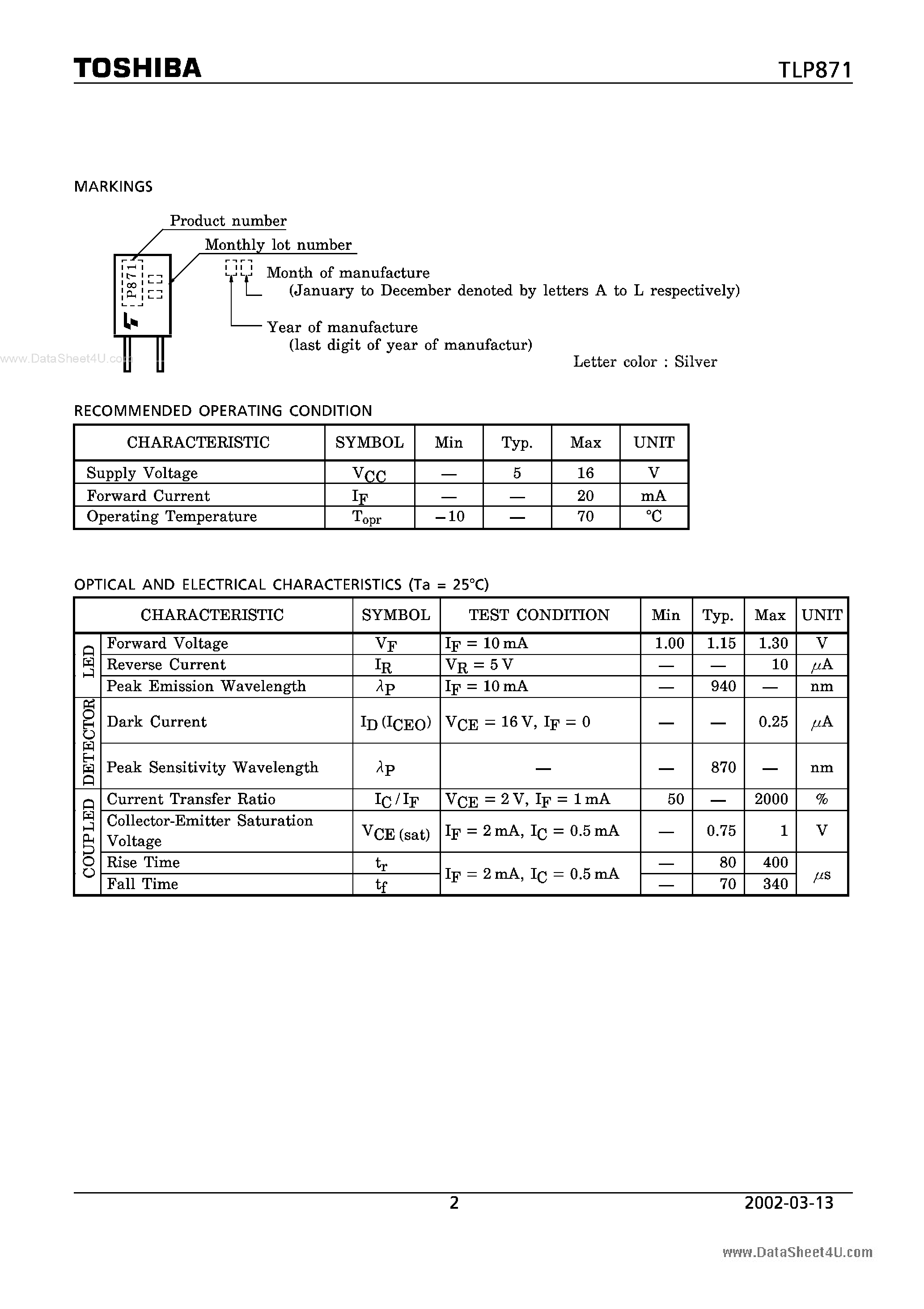 Даташит TLP871 - PHOTO INTERRUPTER INFRARED LED PHOTODARLINGTON TRANSISTOR страница 2