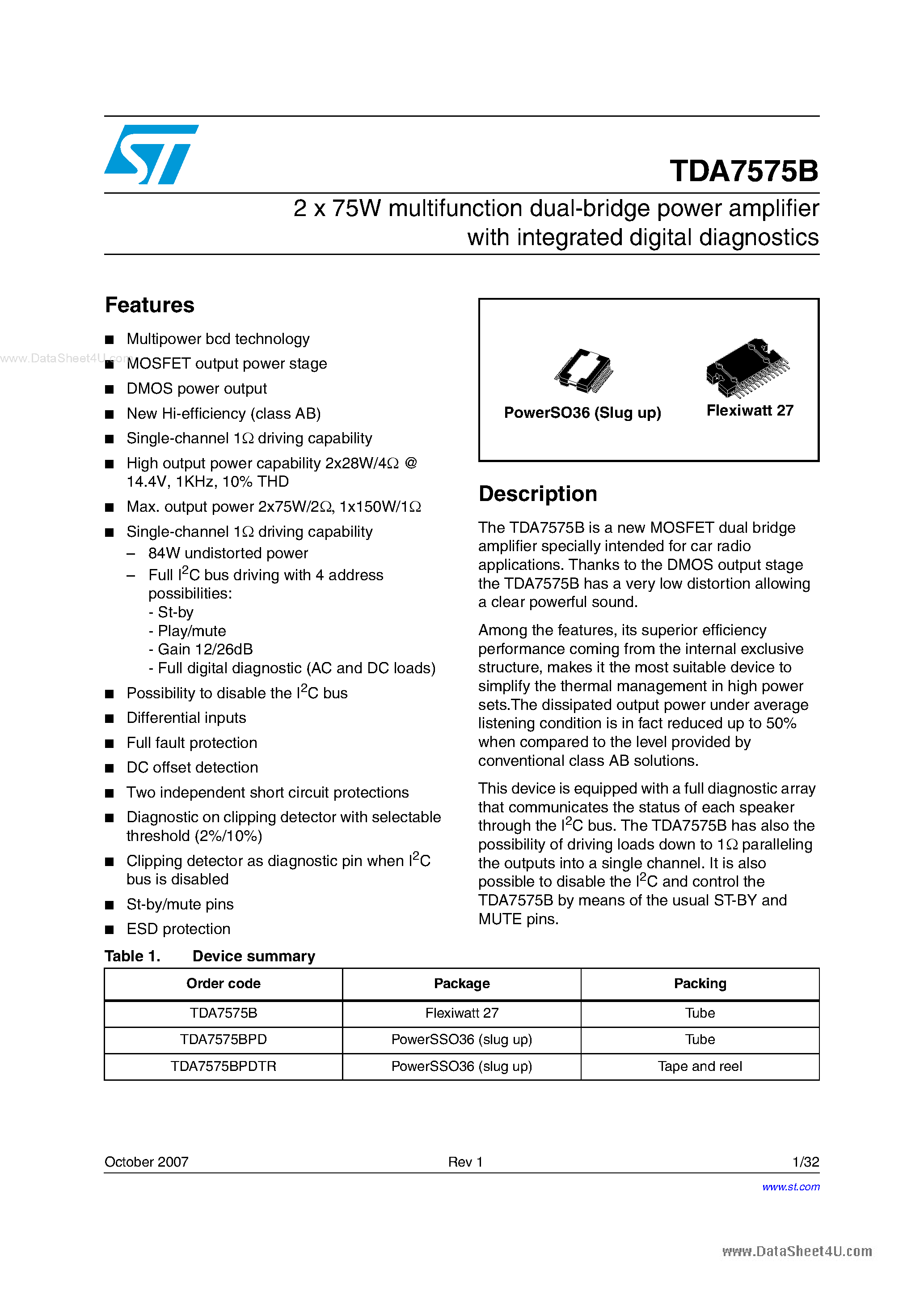 Даташит TDA7575B - 2 x 75W multifunction dual-bridge power amplifier страница 1