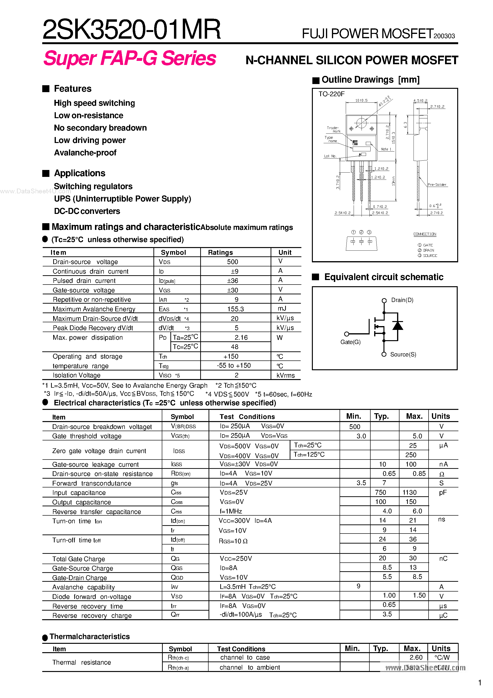 Даташит K3520-01MR - Search -----> 2SK3520-01MR страница 1