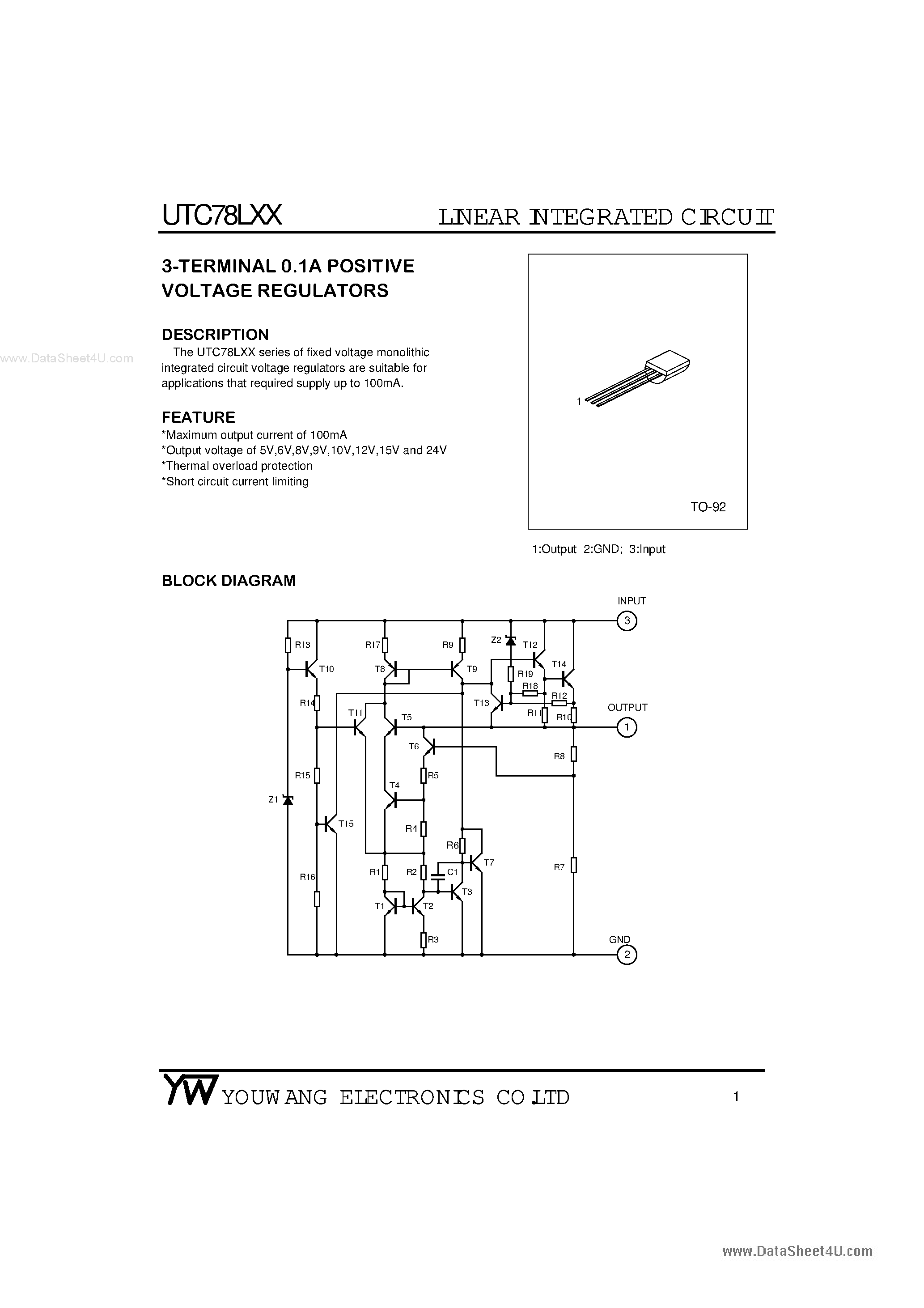 Datasheet UTC78LXX - 3-TERMINAL 0.1A POSITIVE VOLTAGE REGULATORS page 1