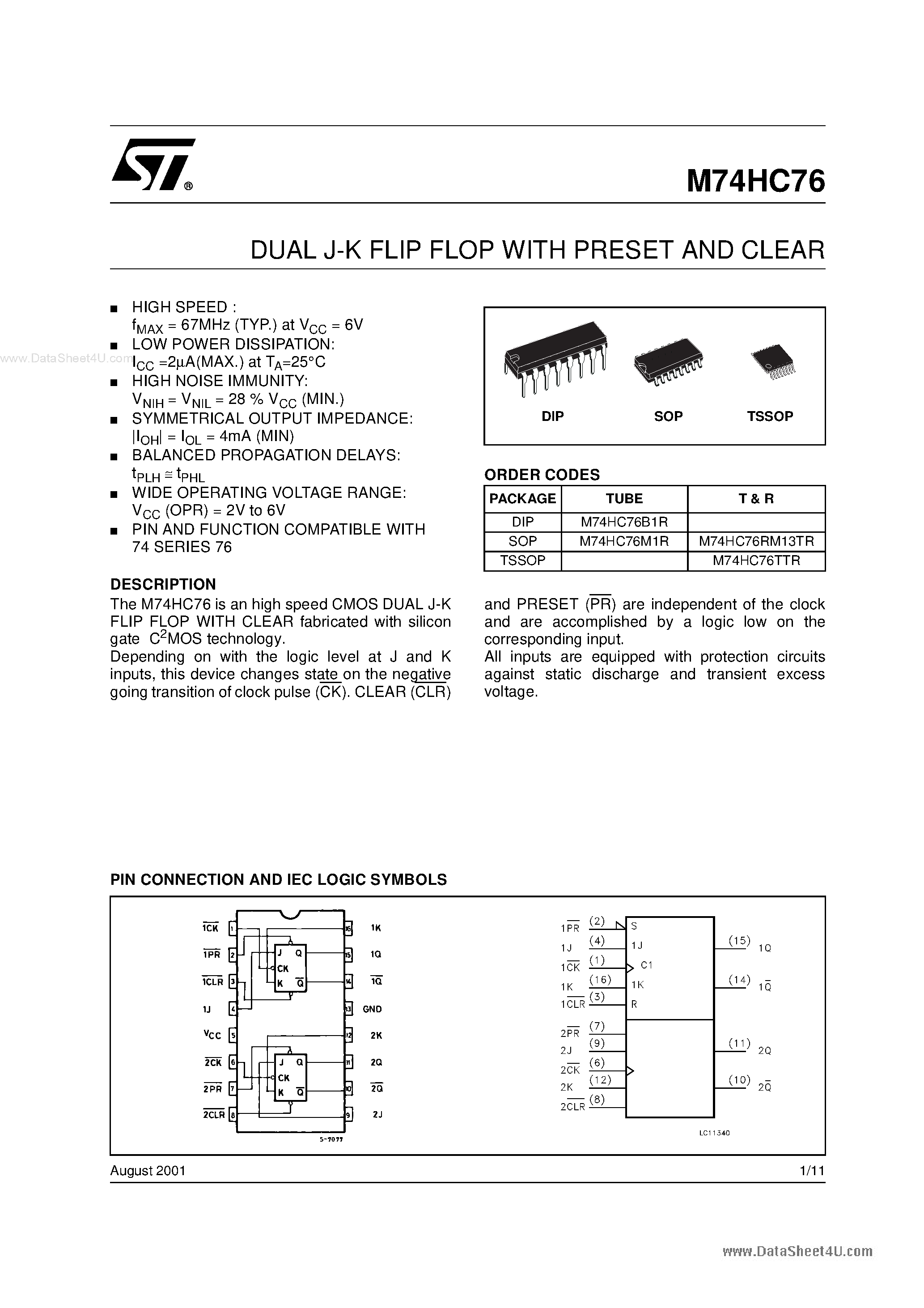 Даташит 74HC76 - DUAL J-K FLIP FLOP страница 1