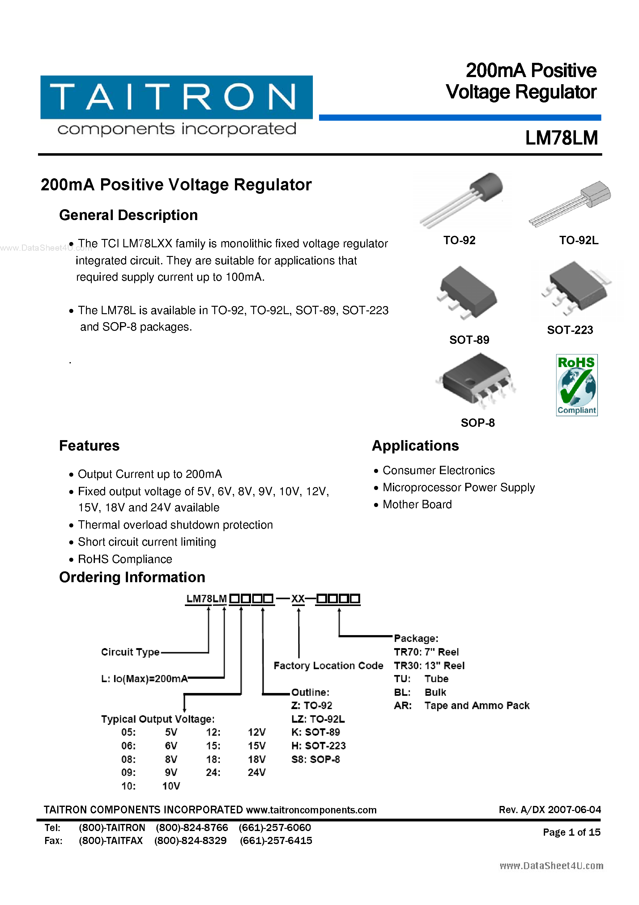 Даташит LM78LM - 200mA Positive Voltage Regulator страница 1