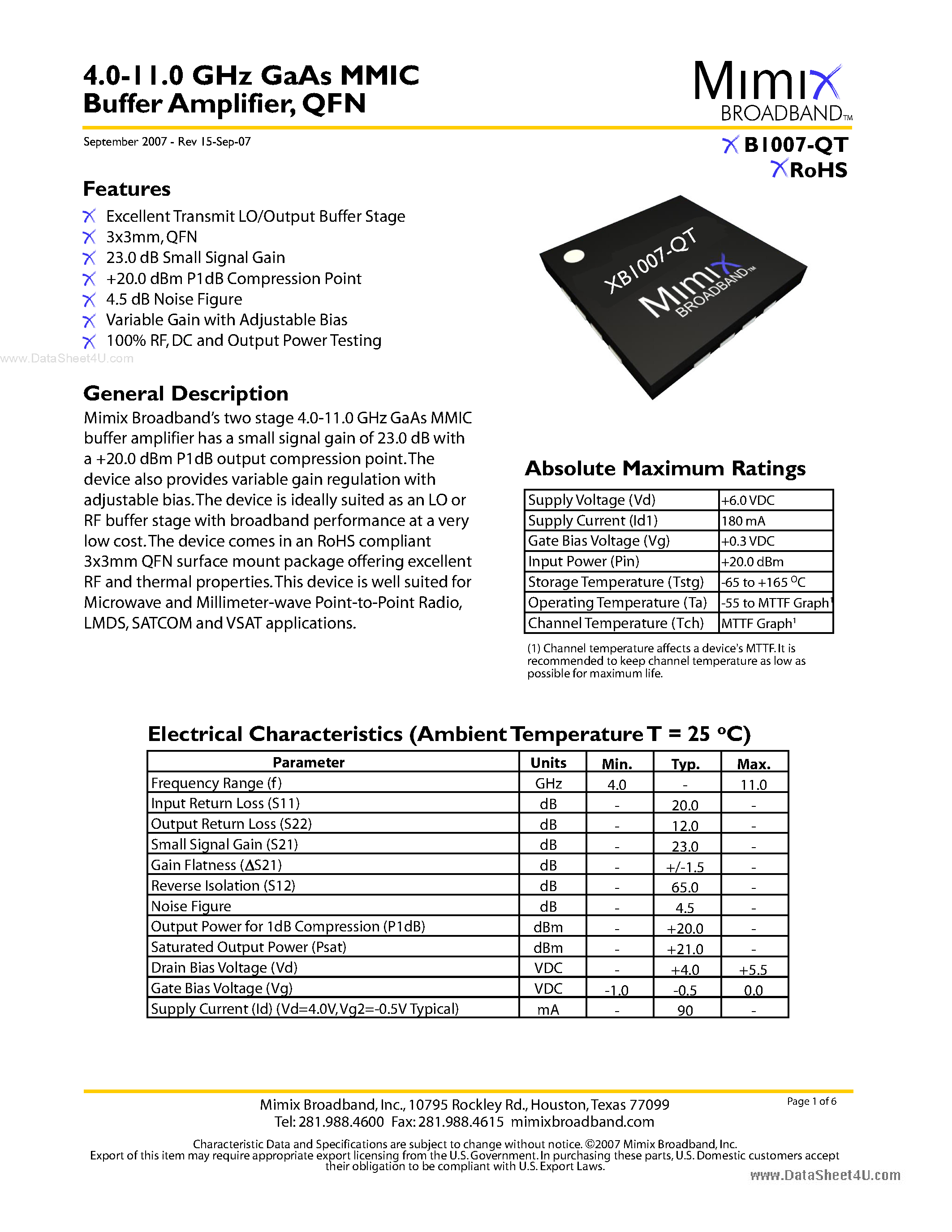 Datasheet XB1007-QT - 4.0-11.0 GHz GaAs MMIC Buffer Amplifier page 1