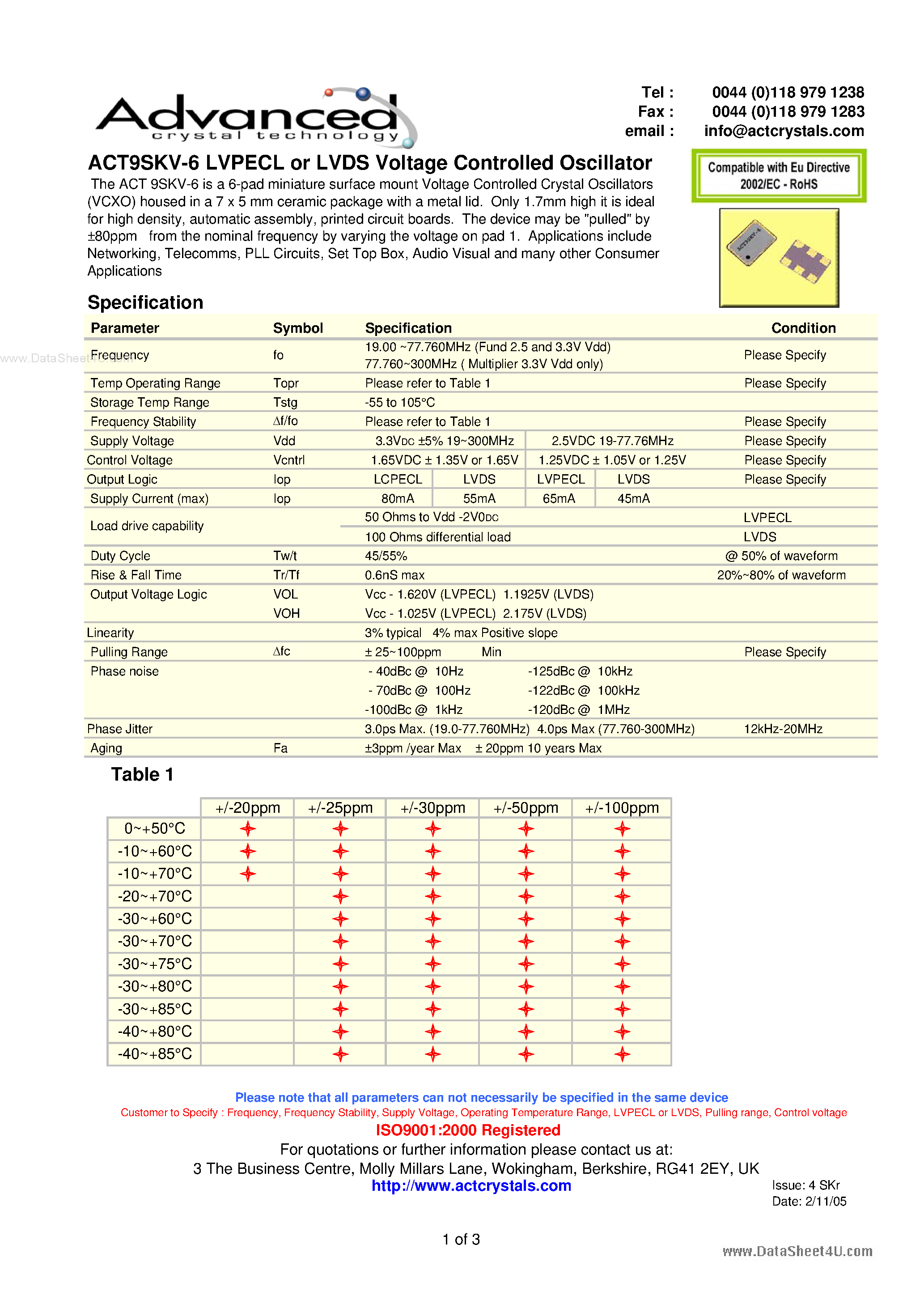 Даташит ACT9SKV-6 - LVPECL or LVDS Voltage Controlled Oscillator страница 1