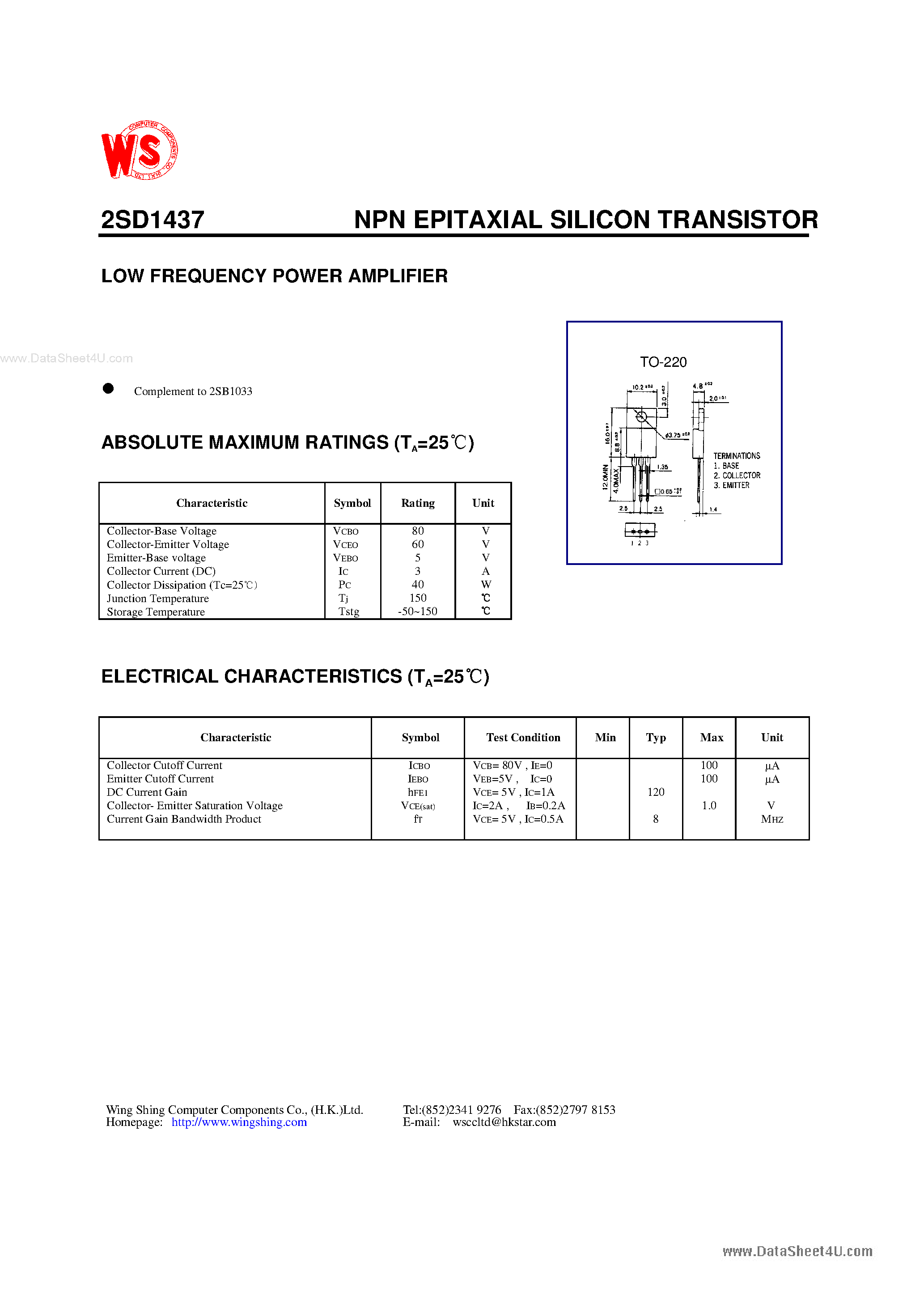 Datasheet D1437 - Search -----> 2SD1437 page 1